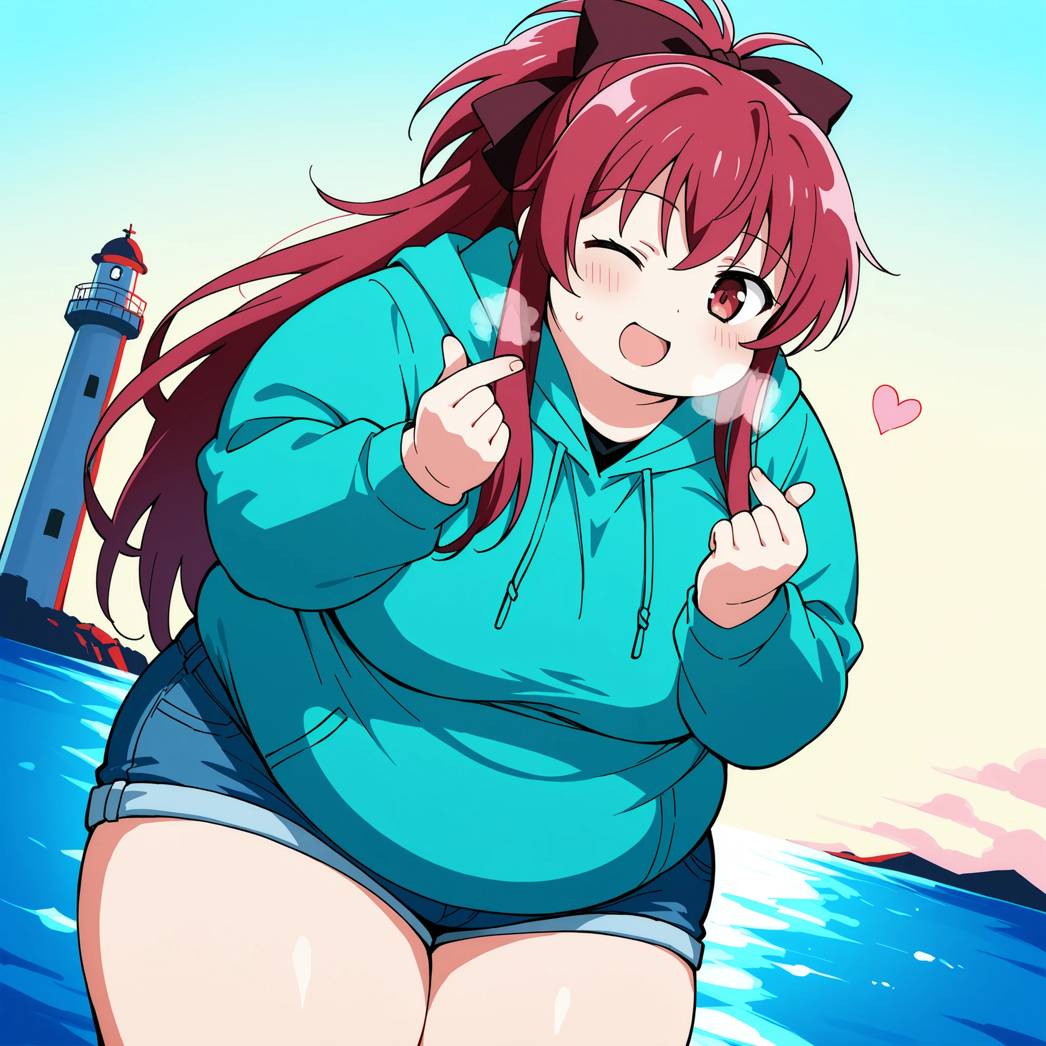 score_9, score_8_up, score_7_up, source_anime, kyouko sakura, long hair, red eyes, ponytail, hair bow, red hair,, shorts, hood, hoodie, denim, blue shorts, denim shorts,, lighthouse, light, sea, tall, guidance, smile, , blush, open mouth, leaning forward,, looking at viewer, solo,, dutch angle, cowboy shot fat, chubby, obese, gigantic arms and legs, large breasts open mouth, out of breath, Korean finger heart, wink, heart,