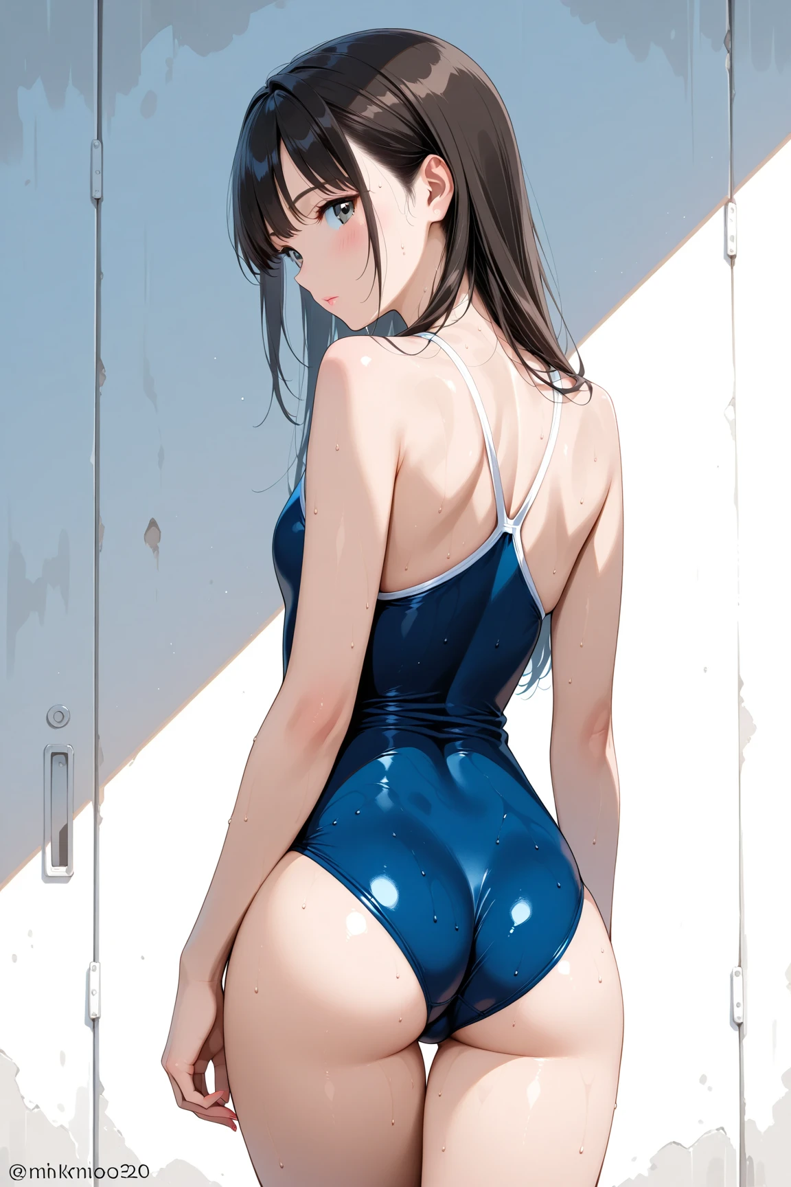 masterpiece, Highest quality, High resolution, One girl, alone,ponytail, Long Hair、Brown Hair, Brown eyes,shower room、((Exorcist Ninja))、(Snow Wind)、(Sheer competitive swimsuit)