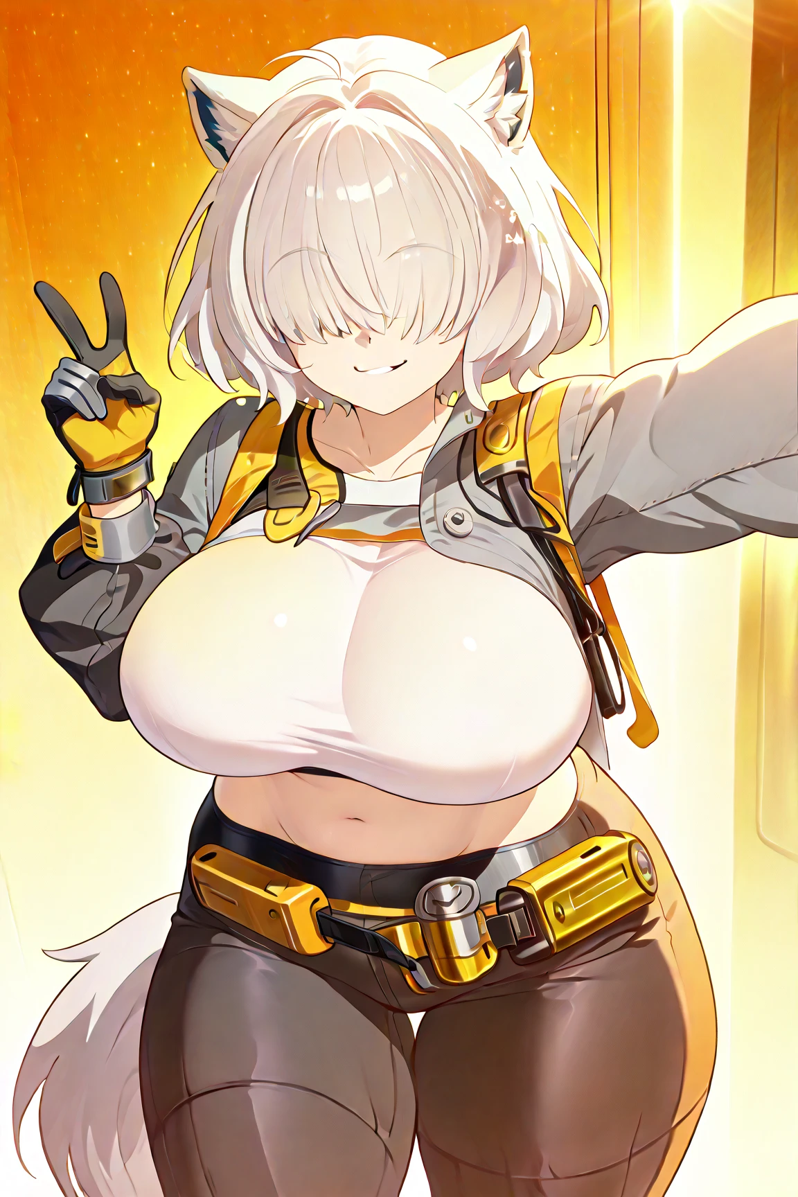 Lustful, honey, hard blushing, parted lips, smiling, younger out, looking at viewer, Flashing breasts, hands on breasts, both hands on breasts, squishing breasts, cupping breasts, 1girl, solo, mercy (overwatch), mechanical halo, breasts, blue eyes, blonde hair, pantyhose, mechanical wings, wings, halo, white bodysuit, cowboy shot, yellow wings, brown pantyhose, lips, gloves, pelvic curtain, black gloves,