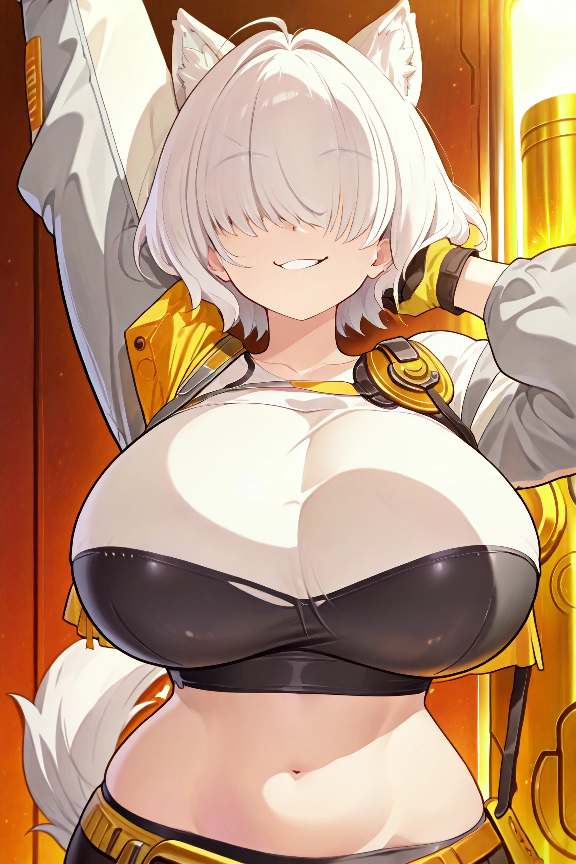 (masterpiece), (looking at pov), golden katana, (oversized clothes:1.2), miniskirt, ((dark clothes)), choker, (bandaged hands), (dark coat with ornate golden embroidery, golden embellished), (white hair, golden streaks on hair), yellow eyes, thigh strap, (neo city), (clouds), add_detail:1, hair over eyes, hair over one eye, gigantic boobs, tits, nipples, hyper largest_breasts!! with the type of boobs_melons, (cameltoe view:1.3)