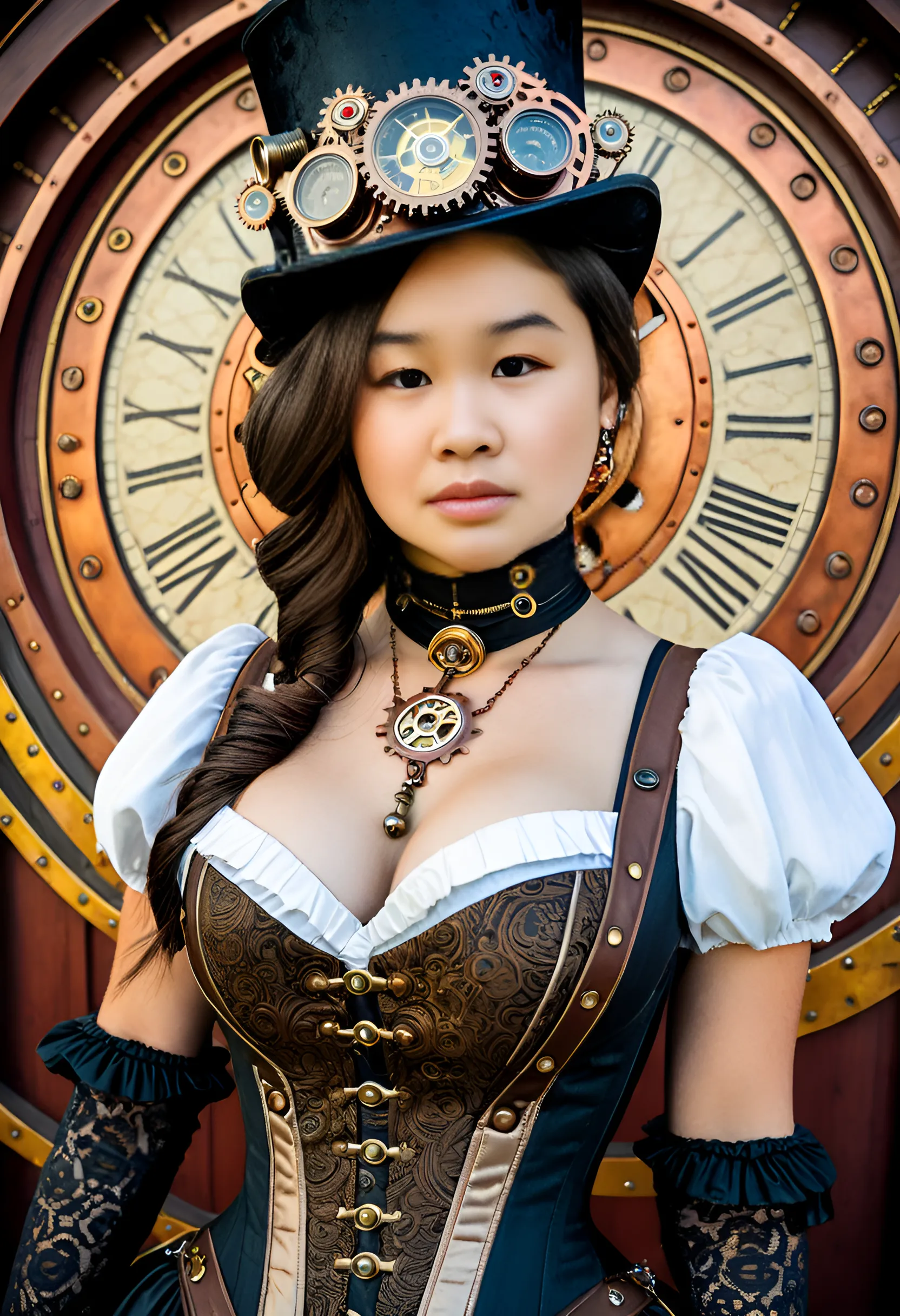 clockwork old Ben, beautiful busty Asian woman steampunk, intricate steampunk machinery, brass gears, cogs, and pipes, Victorian era fashion, moody lighting, warm color tones, highly detailed, photorealistic, masterpiece, (best quality,8k,highres,masterpiece:1.2),ultra-detailed,(realistic,photorealistic,photo-realistic:1.37)