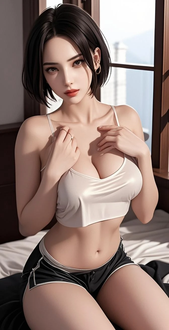 ((Best quality, 8k, Masterpiece :1.3)), 1girl, Pretty woman with slender abs :1.3, (Medium-short hair, Huge breasts :1.2), Cardigan :1.1, Ultra-detailed face, Detailed eyes, Double eyelid