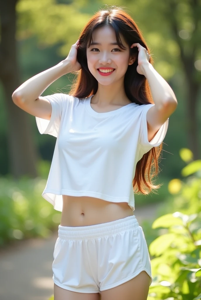 (((The color is dark navy blue only panties)))、((white t-shirts))、((1人))、((Pose cutely))、((a park))、((18 year old beautiful girl))、A slight smil、((Outstanding style))、A sexy、Photorealsitic、Beautiful detailed eyes、Hyper-Realism、highcontrast、Ultra HD、realistic skin textures、Top image quality、top-quality、超A high resolution、Fine details、Very meticulously