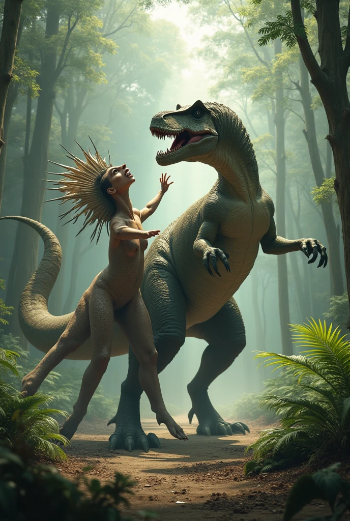 A beautiful cave woman wearing a fur bikini, her pet pink velociraptor on a leash, walking through a lush park, many other cave people with various colored and types of dinosaur pets surrounding them, highly detailed, intricate, photorealistic, 8K, masterpiece, dynamic composition, dramatic lighting, vivid colors, cinematic, hyper-realistic, ultra-detailed, physically-based rendering, professional digital art