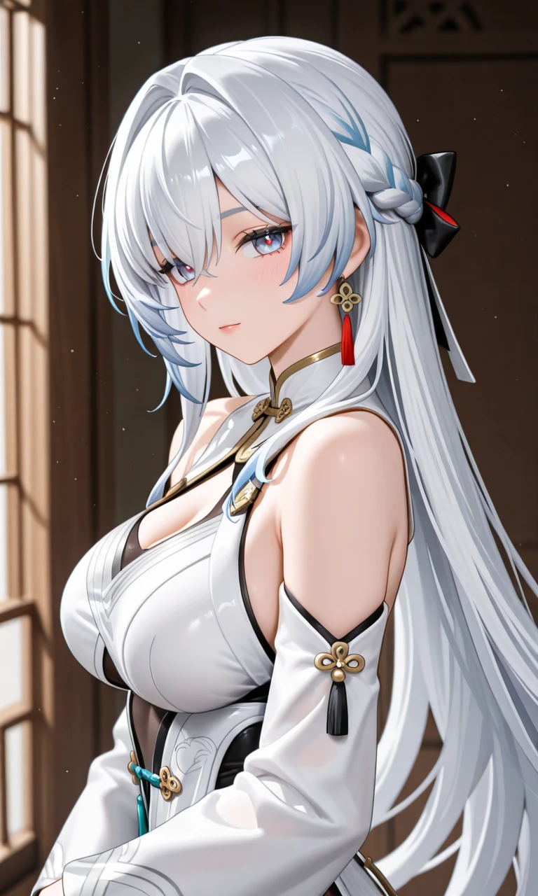 Best Quality,High resolution,8k,finelity detailed background,Masterpiece:1.2),beautiful girl,Glossy romance gray hair,pony tail,Gray eyes,Gentle look,A refreshing look,smile,Best quality,Best Quality,Aesthetic and aesthetic:1.2,Best details((Super detailed))(High-definition CG illustrations),Chinese clothing,Slender body,Party Venue,smile,blush,cute,Scrounge,Looking up,Being spoiled,super model,shoot from side