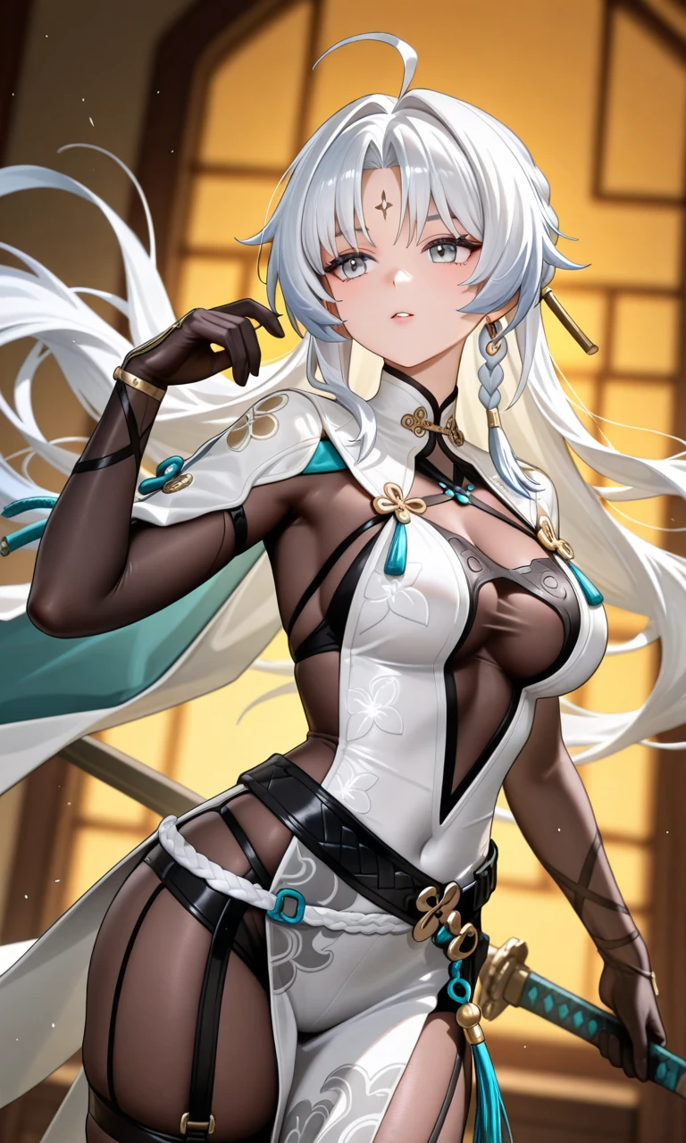 1girl, 18 year old female, Okita Souji Alter, Fate Grand/Order, anime style, ultra realistic, high detail, sexy pose, sexy, beautiful, exposed skin, slender, skinny, exposed breast, breast, nipples, nude, nudity, absurdres, high res, ultrasharp, 8K, UHD, retina, masterpiece, accurate, anatomically correct, perfect anatomy, textured skin, super detail, high details, high quality, award winning, best quality, high res, looking at viewer, detailed eyes, four fingers and one thumb per hand, perfect hands, perfect finger, two arms only, no clothes, revealing, white hair, yellow eyes, dark skin, tanned skin
