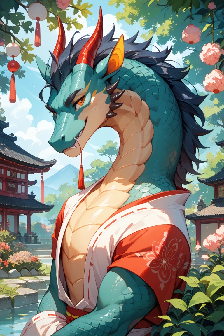 Beautiful Eastern Dragon Woman, long neck, pink scales, kimono, lunar New Year festival, heart shaped lanterns, (indirect lighting, volumetric lighting, subsurface scattering:1.2), 5K resolution, (OverallDetail:1.5), (Best Work:1.3), masterpiece quality, marvel art style, (high resolution:1.2), fFaceDetail