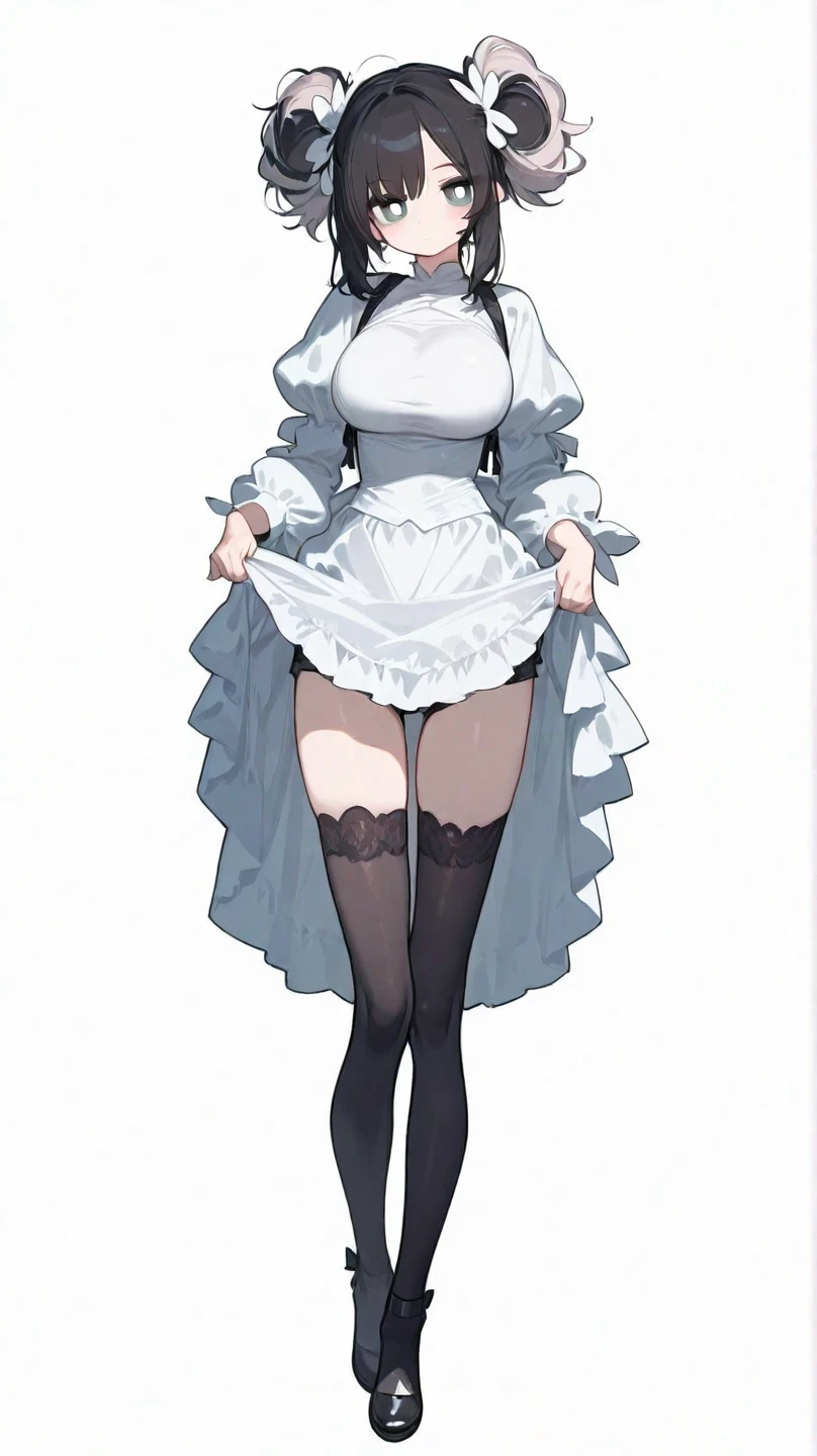 (masterpiece, Highest quality:1.2), One Girl, alone, whole body, Big Breasts,, Brown Hair,Big Breasts, Brown eyes, Mature Woman, ((Character design sheet)),((rough sketch)), blush, China dress, White stockings fully clothed, whole body, Brown Hair, lipstick, ((Peeking up a skirt)), ((A skirt flipped up by the wind)), ((White micro panties)), Beautiful thighs,Wet,pubic hair, zettai ryouiki, Exposing your thighs, White skin, (White garter stockings), ((Wear white high heels)),