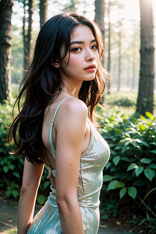 Superior quality, CG, Detailed face+eye, (Bright colors), (anime), 1 Female, Impact, (Sensual), goddess, time stops, Fantasy, (Fairy), (Huge breasts:1.4), Pointy Ears, Beautiful gemstones, cloud, long curly ash blonde hair, (soft headband), masterpiece, Top Tier, Luxurious, 8k, unity wallpaper, Unreal Engine 5, Ray Tracing, 8k, Cinematic, various depth of field, Octane Rendering, elegant, Tone Mapping, hyperfocus, Lips parted, Put your arms behind your back, Speckled sunlight, (spring), nature, White sundress, Upper body photo, (Morning Glow), Curvaceous, (mint green eye), horizon, Picturesque views, Deep valley, wood, View your viewers, (forest),