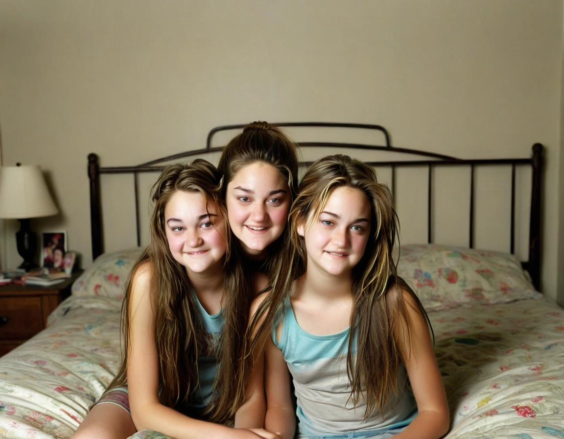 4 jeunes filles sur un lit alignés, Lying, 14 ans, pieds nu, and a 14 year old boy in front of their feet
