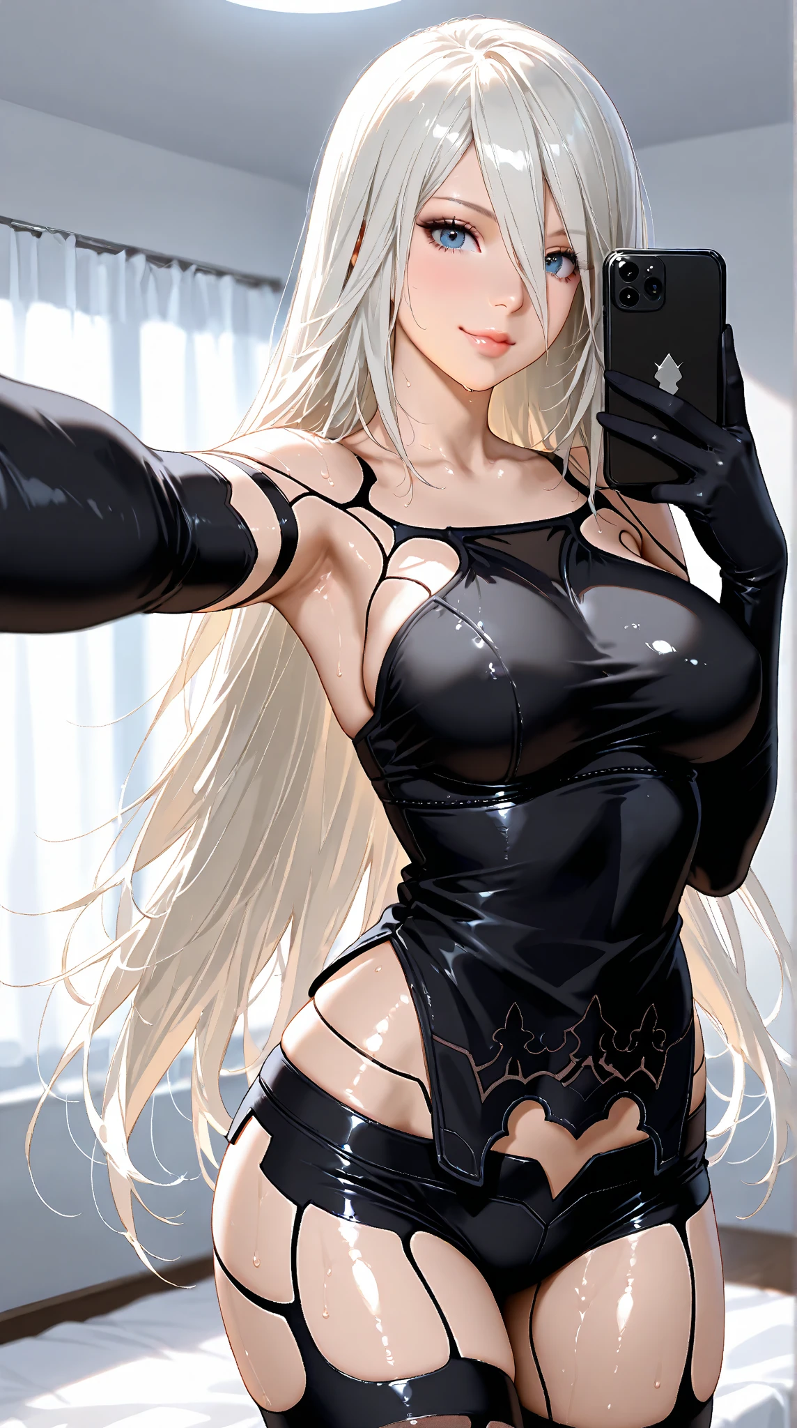 ((seductive))((majestic, Magnificent)) ((beautiful face woman)) ((Big blue eyes)), ((dark eyeshadows make up)) ((red lips)), ((cute smile)) ((very long straight blonde hair pony tal with bangs))((big breast:1.6)) ((slender body:1.3)) ((wear black bikini)) ((jewerly, earrings)) ((taking a selfie in front mirror)), ((high definition:1.5), ((masterpiece:1.5))((8k:1.5)) ((Best quality:1.4)), more_details:-1, more_details:0, more_details:0.5, more_details:1, more_details:1.5, more prism, vibrant color