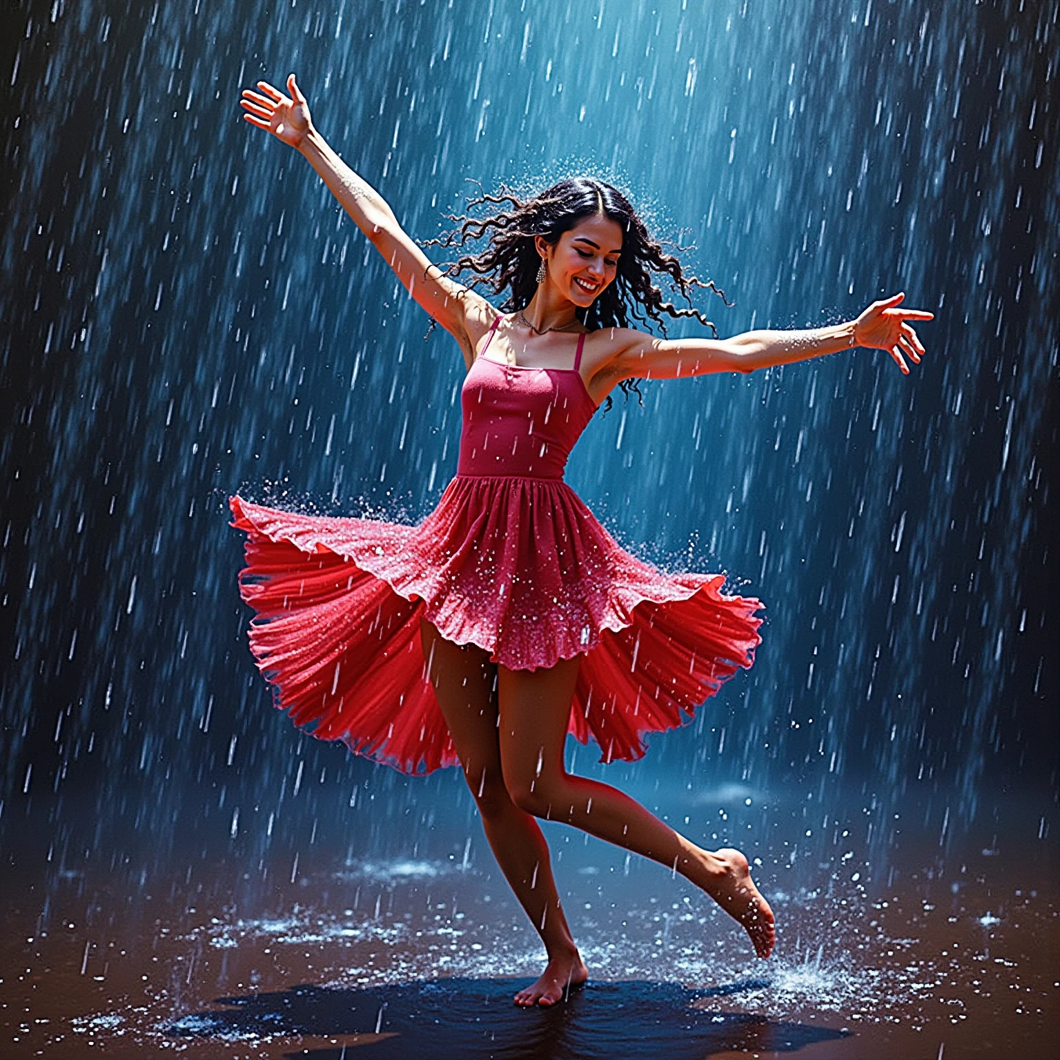 A lone wanderer dancing in the rain, a soul dancer, barefoot, wearing loose tattered clothes, professional ballet movements, a butterfly on the fingertip, captivating, water splashing, chiaroscuro, minimalist, evocative, clean background
