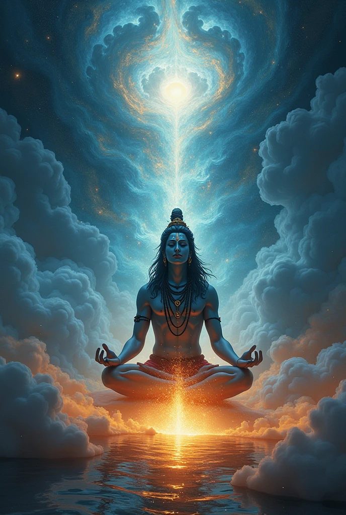 Create a 9:16 image of Lord Shiva meditating above a busy morning urban city. Show a sunrise as well.