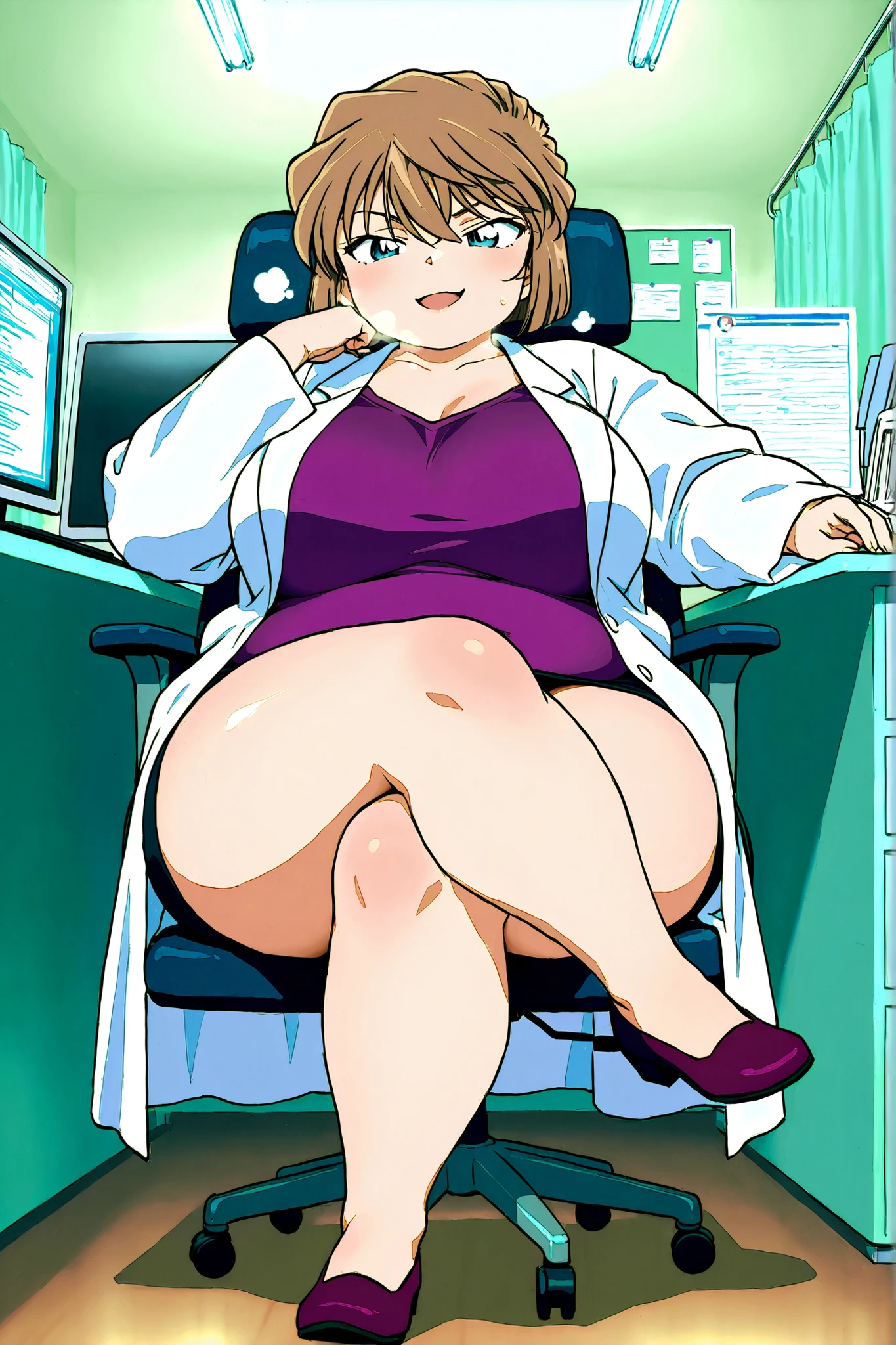front view,infirmary,swivel chair,computer,sitting,crossed legs,head rest,seductive smile,
1girl,full body,lab coat,looking at viewer, fat, chubby, obese, gigantic arms and legs, large breasts open mouth, out of breath
Best quality,masterpiece,soft light,official art,high quality,highres,absurdres,epic scene,natural textures,haibara ai,short hair,brown hair,blue eyes,hair between eyes,