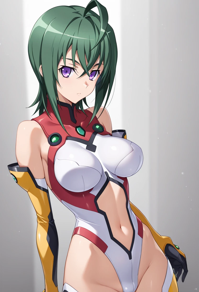 1 girl, 14 years old, in a room, red panties, medium breasts, naked breasts, short hair, green hair, blue eyes, elbow gloves, cute girl, smiling, mecha headgear, seductive pose, portrait, beautiful girl