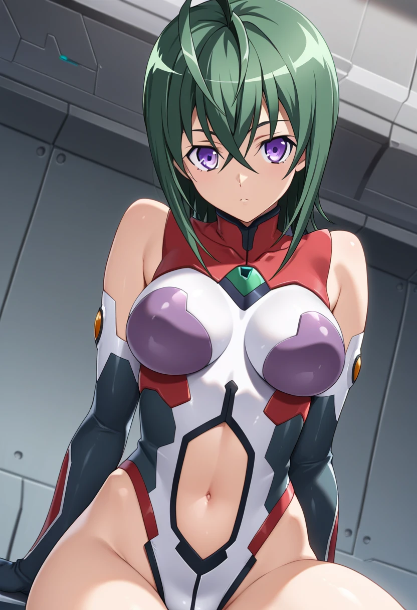 1 girl, in a room, red panties, medium breasts, naked breasts, short hair, green hair, blue eyes, elbow gloves, cute girl, smiling, mecha headgear, seductive pose, portrait, beautiful girl