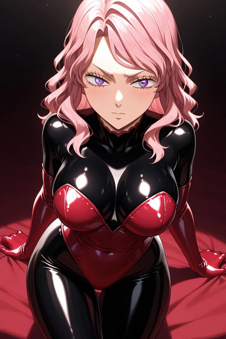 inugami-ke no ichizoku pose, mature female, full body shot, red bodysuit, fishnet, gloves, purple hair, short hair, large breasts, (narrow waist:1.1), cleavage, perfect body, (athletic body:1.1), soft skin, anime face, perfect face, perfect eyes, purple eyes, purple iris, round iris, anime eyes, smoky eyeliner, eyeshadow, plump cheeks, asian, plump lips, smirking, smug facial expression, looking at viewer, sharp focus, intricate details, perfect quality, masterpiece painting, professional artwork, cinematic lighting, ultra detailed body, ultra detail hair, ultra detail face, trending on pixiv, by Kagami Hirotaka, by Harue Koga, <lora:Oboro_Taimanin_v1:0.75>,
