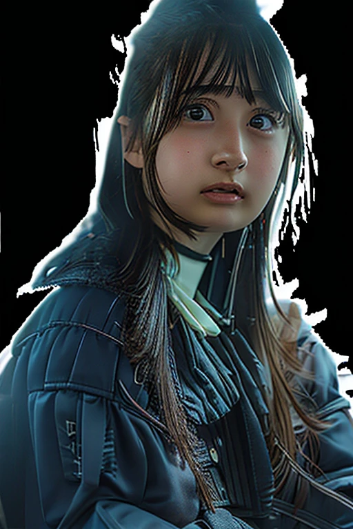 (Front Focus), (In the Dark: 1.6), Surrealist female portraits by David Hockney and Alphonse Mucha, Perfect Beauty 1:1. Fantasy Art, Photographic realism, Dynamic Lighting, Art Station, Poster, Volumetric lighting, Highly detailed face, 4k yen, Awards, One girl, In the Dark, Deep Shadow, Modest, Cowboy Shot, (Official Uniform: 1.4), Long Hair,