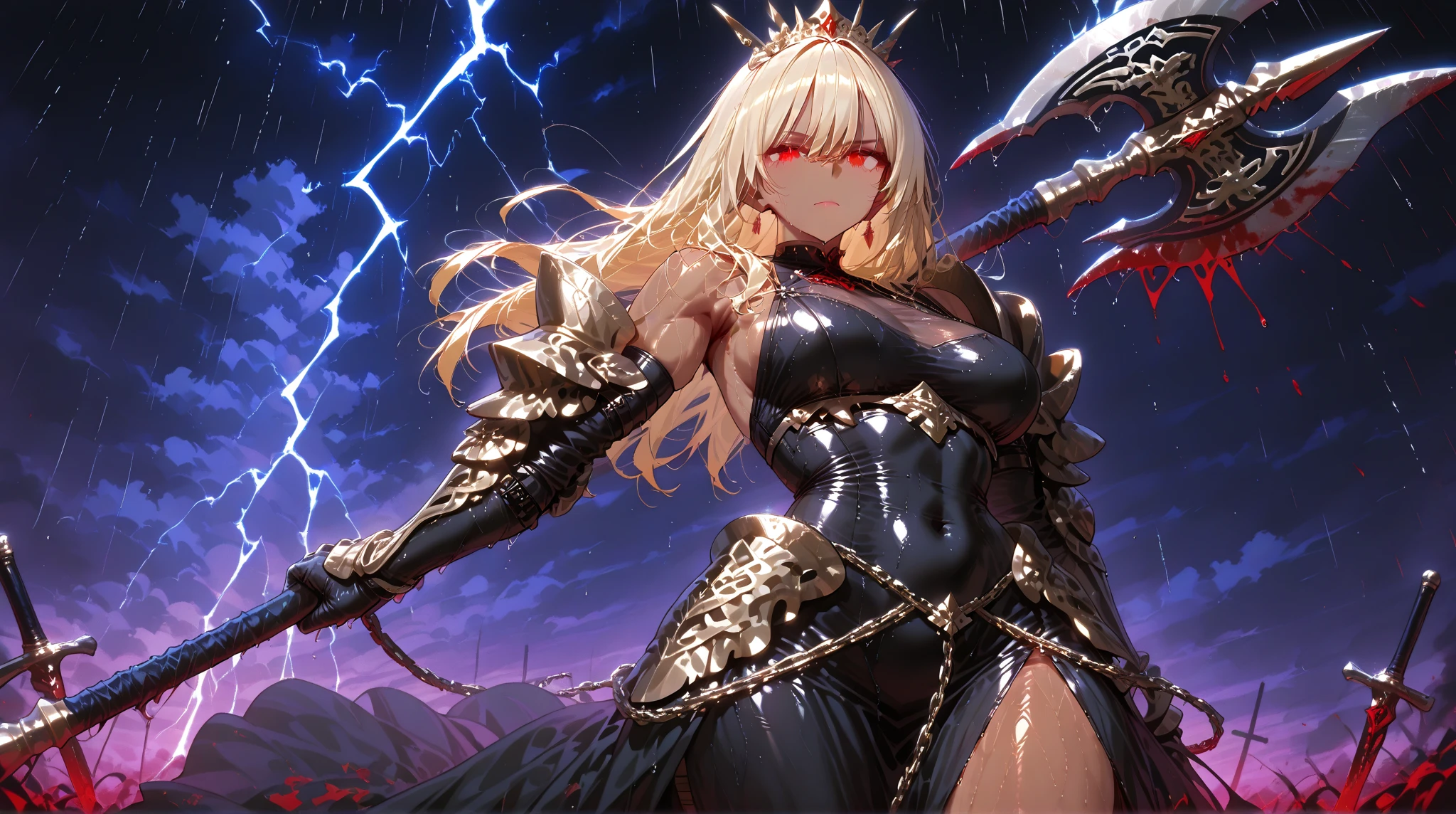 1girl,solo,long hair,white hair color,Jet-black eyes color,lip,super huge breasts,expressionless,Jet-black armor,breasts restrained by armor,fall into darkness,darkness knight,dark sword,burst into flames,dark flame,blue flame,looking at viewer,intent to murder,a contemptuous glance,dark castle back ground