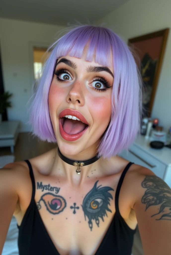 1girl, solo, goth ,short messy hair with long sides, short hair, eyeshadow, mascara, color: spectrum, vivid colors, rainbow hair , bright rainbow hair, medium breasts, indoors  , highly detailed, cute, full body shot, bedroom, big breasts, ruffle trim, ahegao, rolling eyes, tongue, tongue out, long tongue, ahg, pale skin, ahegao face, pleasure, selfie, grin, messy hair