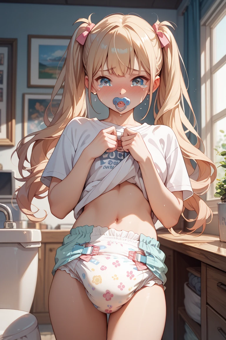 8K, Super detail, 3D, HDR, f2.0, Full body, 5 heads, 10 years old, Child figure, big eyes, Cute, Open legs, Sitting, Thin legs, Pointing at the buttocks with both hands, Front shot, Small see-through white bikini, Bittened, shiny blonde, Nipples hard and long dark pink, Wet skin, Glossy white skin, Large amount of white liquid in the crotch or chest or face, On the bed, Happy smile with loose mouth, grinning eyes, sticking out tongue, dripping a large amount of white liquid on chest and face, happy smile