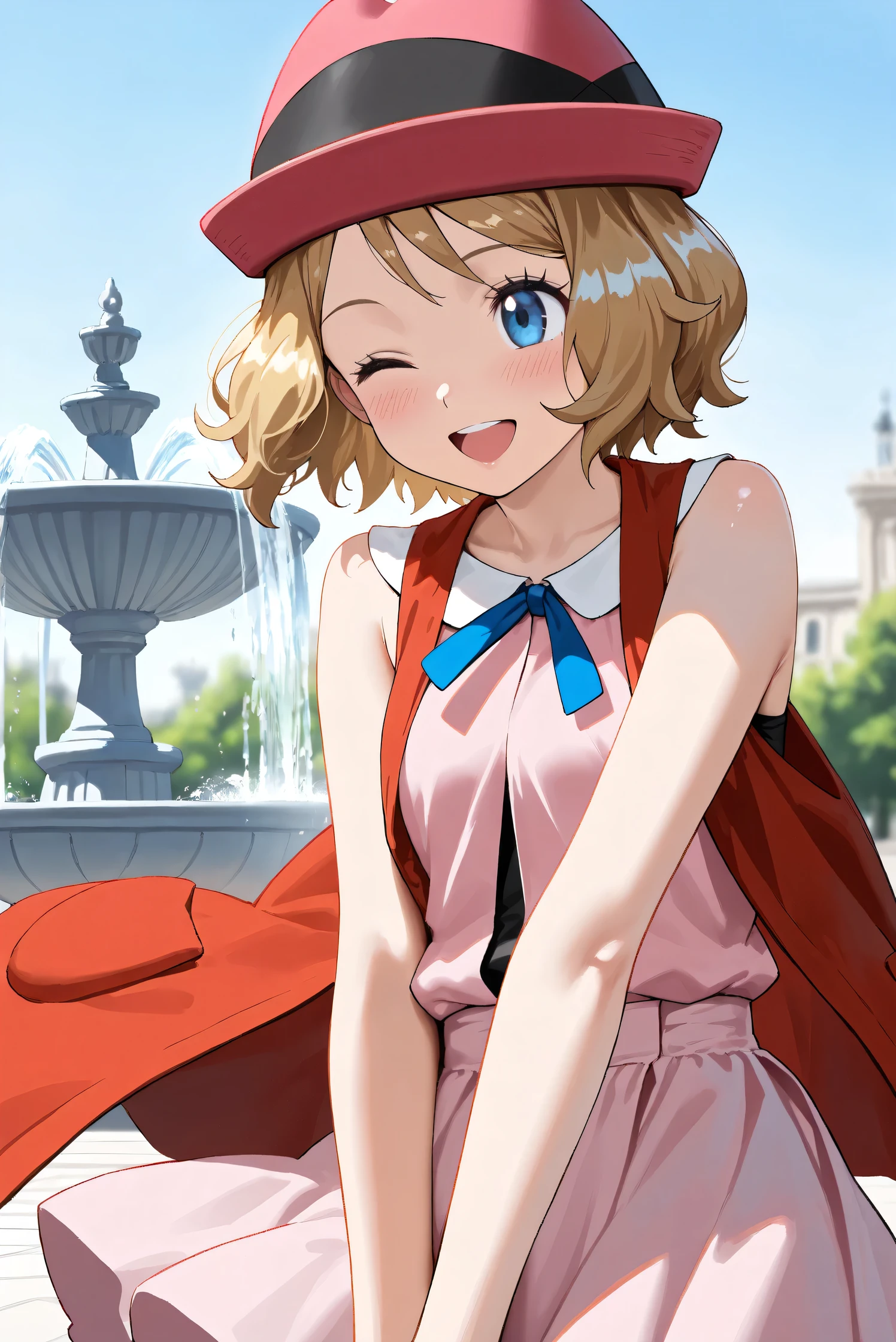 (Masterpiece), (Highest quality), (Very detailed),
(The best shape), (Best Shadow), (Absurd),
(Detailed background), (So beautiful), (Shiny),
(Extraordinary), (Countershading), (8k), (32K),
(High resolution), (Very Detailed CG), (UHD),
(Score_9), (Score_8_up), (Score_7_up), (Source_anime),
(Pastel painting:1.2), (Watercolor painting:1.2),
(Masterpiece, Detailed:1.2), (Foreshortening:1.2),
(Anime style),
(Cinematic), (Dramatic), (Depth of field:1.4),
(Blurry background:1.4), (Realistic background:1.4),
(Dynamic angle), (1 girl),
(Outdoor), (Wind), (Paris), (Square), (fountain),
(cowboy shot), (Focus on face), (Close up shot),
(Blush:1.3), (Happy), (Smile), (open mouth),
(one eye closed),
(Shiny skin),
serena \(pokemon\), 1girl, blue eyes, eyelashes, short hair, blonde hair,
hat, neck ribbon, blue ribbon, pink shirt, sleeveless, bare arms, red jacket, pink skirt,