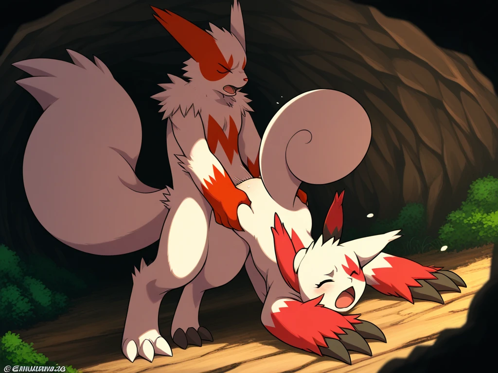 Duo, score_9,score_8_up,score_7_up. anthro female meowscarada, naked, nipples, vagina, anthro male incineroar, penis, standing, kissing.