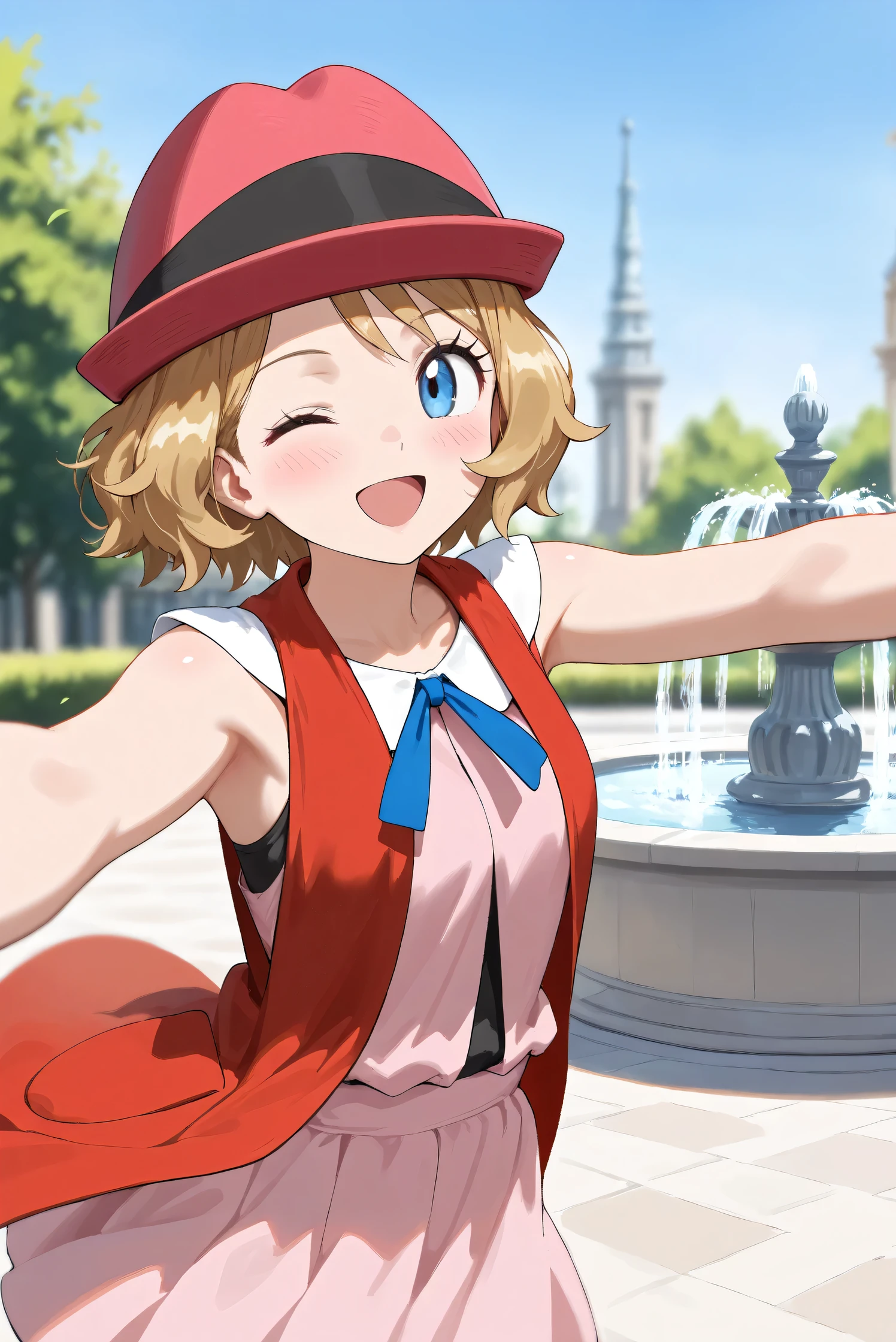 (Masterpiece), (Highest quality), (Very detailed), 
(The best shape), (Best Shadow), (Absurd), 
(Detailed background), (So beautiful), (Shiny), 
(Extraordinary), (Countershading), (8k), (32K), 
(High resolution), (Very Detailed CG), (UHD),

(Score_9), (Score_8_up), (Score_7_up), (Source_anime), 
(Pastel painting:1.2), (Watercolor painting:1.2),
(Masterpiece, Detailed:1.2), (Foreshortening:1.2),
(Anime style),

(Cinematic), (Dramatic), (Depth of field:1.4),
(Blurry background:1.4), (Realistic background:1.4),
(Dynamic angle), (1 girl),
(Outdoor), (Wind), (Paris), (Square), (fountain),

(cowboy shot), (Focus on face), (Close up shot),
(Blush:1.3), (Happy), (Smile), (open mouth),
(one eye closed),
(Shiny skin),

serena \(pokemon\), 1girl, blue eyes, eyelashes, short hair, blonde hair,

hat, neck ribbon, blue ribbon, pink shirt, sleeveless, bare arms, red jacket, pink skirt, 
