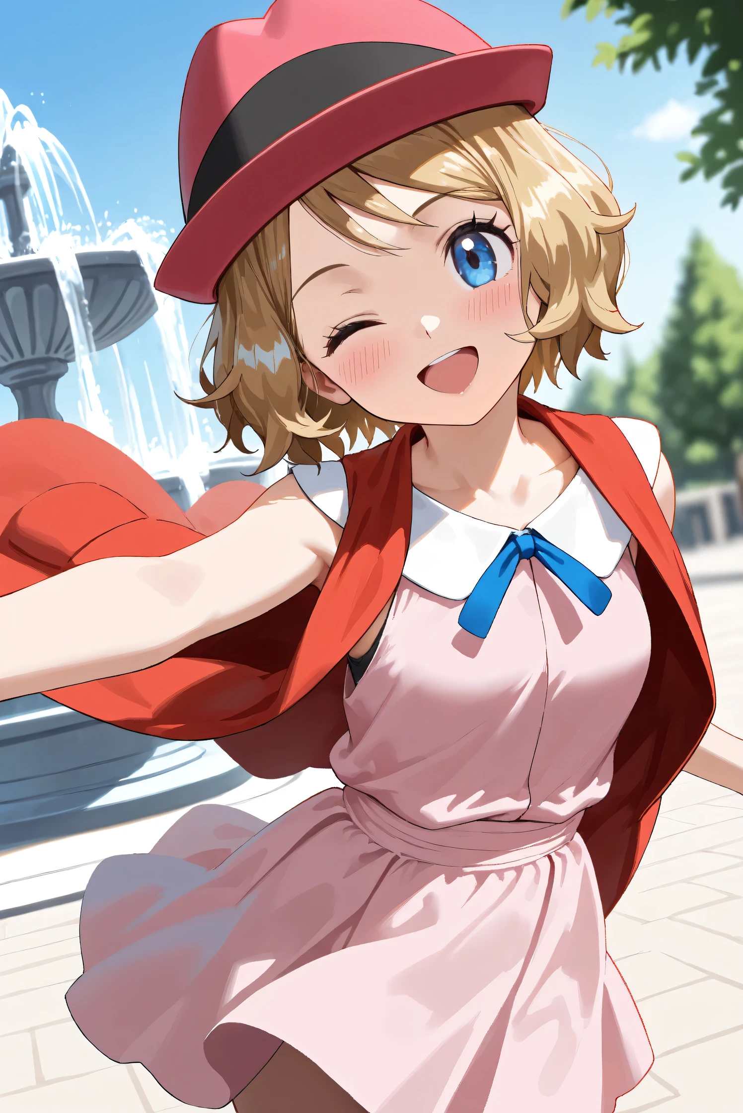 (Masterpiece), (Highest quality), (Very detailed),
(The best shape), (Best Shadow), (Absurd),
(Detailed background), (So beautiful), (Shiny),
(Extraordinary), (Countershading), (8k), (32K),
(High resolution), (Very Detailed CG), (UHD),
(Score_9), (Score_8_up), (Score_7_up), (Source_anime),
(Pastel painting:1.2), (Watercolor painting:1.2),
(Masterpiece, Detailed:1.2), (Foreshortening:1.2),
(Anime style),
(Cinematic), (Dramatic), (Depth of field:1.4),
(Blurry background:1.4), (Realistic background:1.4),
(Dynamic angle), (1 girl),
(Outdoor), (Wind), (Paris), (Square), (fountain),
(cowboy shot), (Focus on face), (Close up shot),
(Blush:1.3), (Happy), (Smile), (open mouth),
(one eye closed),
(Shiny skin),
serena \(pokemon\), 1girl, blue eyes, eyelashes, short hair, blonde hair,
hat, neck ribbon, blue ribbon, pink shirt, sleeveless, bare arms, red jacket, pink skirt,