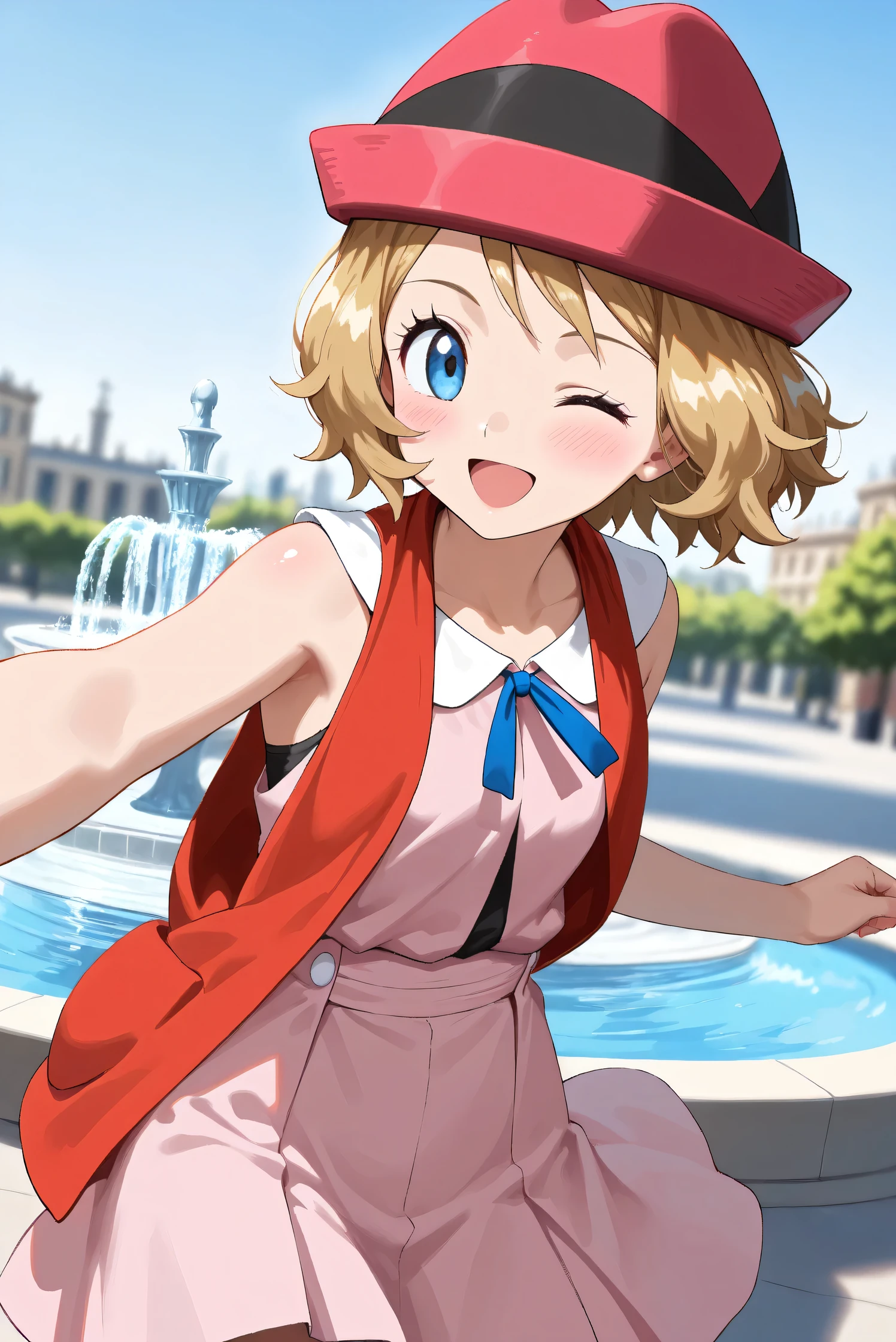 (Masterpiece), (Highest quality), (Very detailed),
(The best shape), (Best Shadow), (Absurd),
(Detailed background), (So beautiful), (Shiny),
(Extraordinary), (Countershading), (8k), (32K),
(High resolution), (Very Detailed CG), (UHD),
(Score_9), (Score_8_up), (Score_7_up), (Source_anime),
(Pastel painting:1.2), (Watercolor painting:1.2),
(Masterpiece, Detailed:1.2), (Foreshortening:1.2),
(Anime style),
(Cinematic), (Dramatic), (Depth of field:1.4),
(Blurry background:1.4), (Realistic background:1.4),
(Dynamic angle), (1 girl),
(Outdoor), (Wind), (Paris), (Square), (fountain),
(cowboy shot), (Focus on face), (Close up shot),
(Blush:1.3), (Happy), (Smile), (open mouth),
(one eye closed),
(Shiny skin),
serena \(pokemon\), 1girl, blue eyes, eyelashes, short hair, blonde hair,
hat, neck ribbon, blue ribbon, pink shirt, sleeveless, bare arms, red jacket, pink skirt,