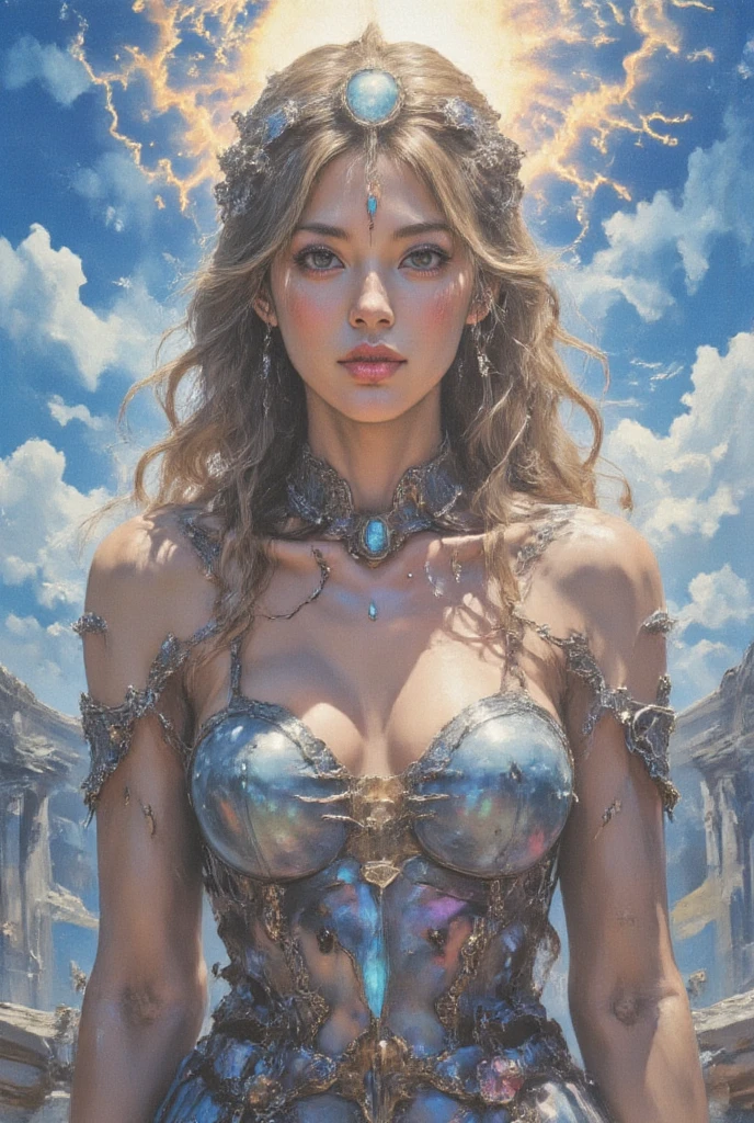 angulo picado, angulo cenital. ((Una mujer diosa de los arcoiris, viste un hermoso sexy vestido abierto con escote y adornos tornasol)), (Pelo color blanco arcoiris lacio y muy largo con brillo magico), con maquillaje que destaca su mirada magica, tocando un arcoiris con la mano derecha atravesando su bello velo, cuerpo esbelto y delicado, senos grandes, tiene el arcoiris y un campo abierto que la iluminan con su luz, paisaje al atardecer. raytraced, viento, paisaje de arcoiris sobre la llanura en el atardecer (aesthetics and atmosphere:1.2), curisosa, apasionada, sonrisa magica, feliz, ojos brillantes tornasol，plano amplio, cuerpo completo. (foto cruda, mejor calidad), (realista, photo-realista:1.3), Obra maestra, un extremadamente perfecto y hermoso cuerpo, cuerpo palido extremadamente detallado, Best quality score, close up, high view, arcoiris magico and field atmosphere, rainbow hair. Pelo color arcoiris lacio y muy largo con brillo magico, Pelo color arcoiris lacio y muy largo con brillo magico, Pelo color arcoiris lacio y muy largo con brillo magico, Pelo color arcoiris lacio y muy largo con brillo magico