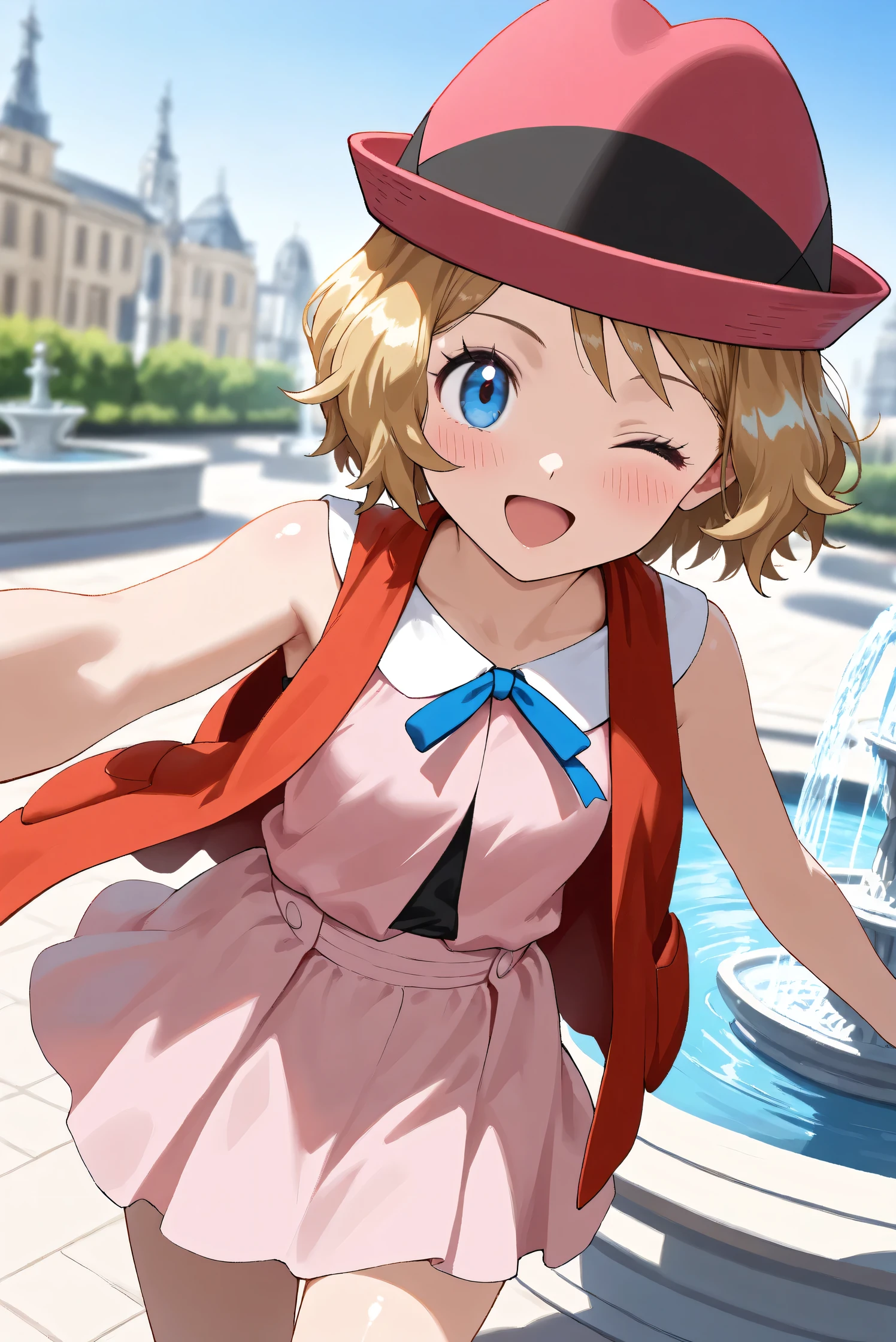 (Masterpiece), (Highest quality), (Very detailed),
(The best shape), (Best Shadow), (Absurd),
(Detailed background), (So beautiful), (Shiny),
(Extraordinary), (Countershading), (8k), (32K),
(High resolution), (Very Detailed CG), (UHD),
(Score_9), (Score_8_up), (Score_7_up), (Source_anime),
(Pastel painting:1.2), (Watercolor painting:1.2),
(Masterpiece, Detailed:1.2), (Foreshortening:1.2),
(Anime style),
(Cinematic), (Dramatic), (Depth of field:1.4),
(Blurry background:1.4), (Realistic background:1.4),
(Dynamic angle), (1 girl),
(Outdoor), (Wind), (Paris), (Square), (fountain),
(cowboy shot), (Focus on face), (Close up shot),
(Blush:1.3), (Happy), (Smile), (open mouth),
(one eye closed),
(Shiny skin),
serena \(pokemon\), 1girl, blue eyes, eyelashes, short hair, blonde hair,
hat, neck ribbon, blue ribbon, pink shirt, sleeveless, bare arms, red jacket, pink skirt,