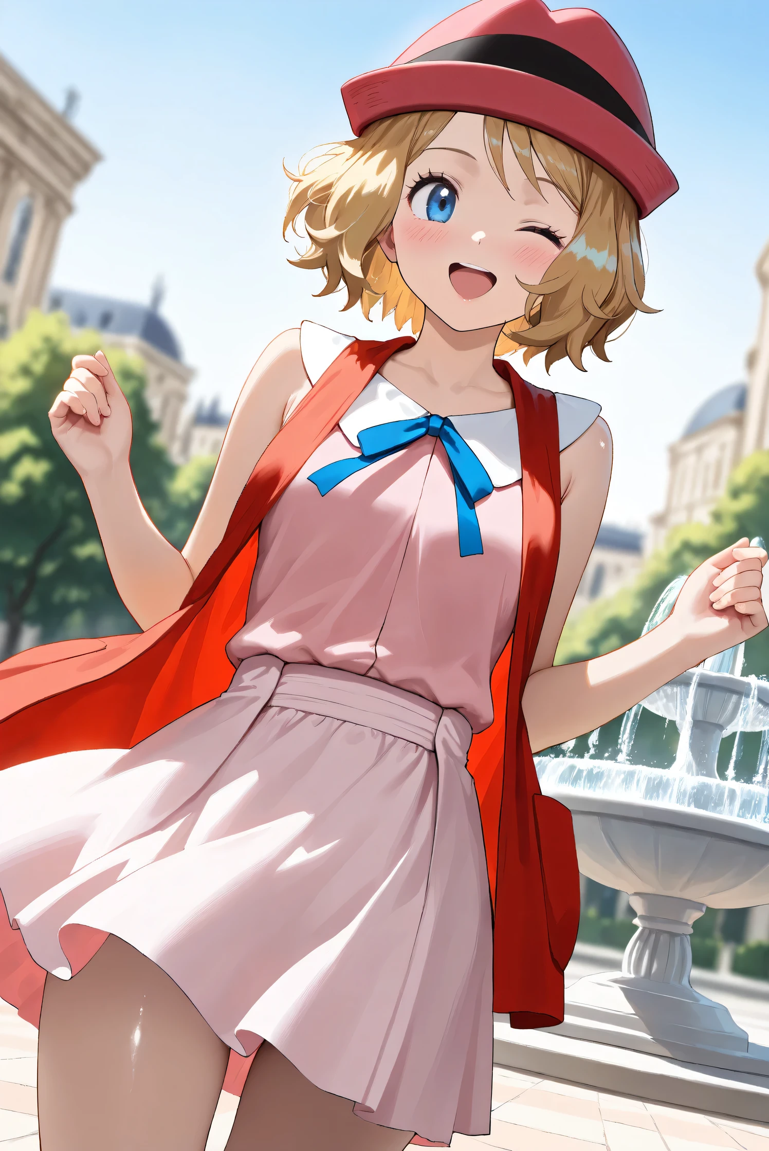 (Masterpiece), (Highest quality), (Very detailed),
(The best shape), (Best Shadow), (Absurd),
(Detailed background), (So beautiful), (Shiny),
(Extraordinary), (Countershading), (8k), (32K),
(High resolution), (Very Detailed CG), (UHD),
(Score_9), (Score_8_up), (Score_7_up), (Source_anime),
(Pastel painting:1.2), (Watercolor painting:1.2),
(Masterpiece, Detailed:1.2), (Foreshortening:1.2),
(Anime style),
(Cinematic), (Dramatic), (Depth of field:1.4),
(Blurry background:1.4), (Realistic background:1.4),
(Dynamic angle), (1 girl),
(Outdoor), (Wind), (Paris), (Square), (fountain),
(cowboy shot), (Focus on face), (Close up shot),
(Blush:1.3), (Happy), (Smile), (open mouth),
(one eye closed),
(Shiny skin),
serena \(pokemon\), 1girl, blue eyes, eyelashes, short hair, blonde hair,
hat, neck ribbon, blue ribbon, pink shirt, sleeveless, bare arms, red jacket, pink skirt,