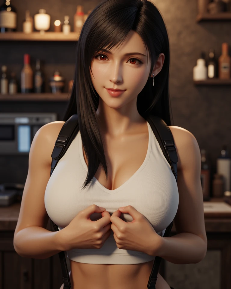 hay una mujer que esta posando en una cocina, una pintura digital inspirada en Alena Aenami, Ganador del concurso Artstation, Arte digital, seductive animado girl, Arte digital ilya kuvshinov, obra de arte al estilo de guweiz, realistic art style, photorealistic art style, animado. soft lighting, retrato seductor de tifa lockhart