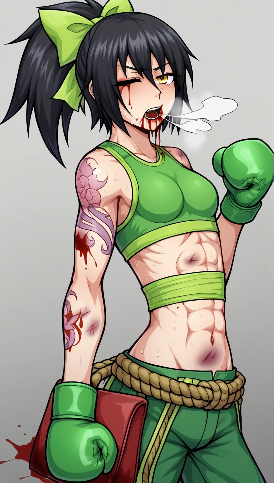 Full body image of Maki Zenin from Jujutsu Kaisen, full body in image, wearing her post-clan outfit (sleeves torn, harem pants), visible scars, short dark hair, female body, athletic and muscular body, dynamic pose, detailed pose, simple background, expressive face showing determination, focus on face, line art, sketch