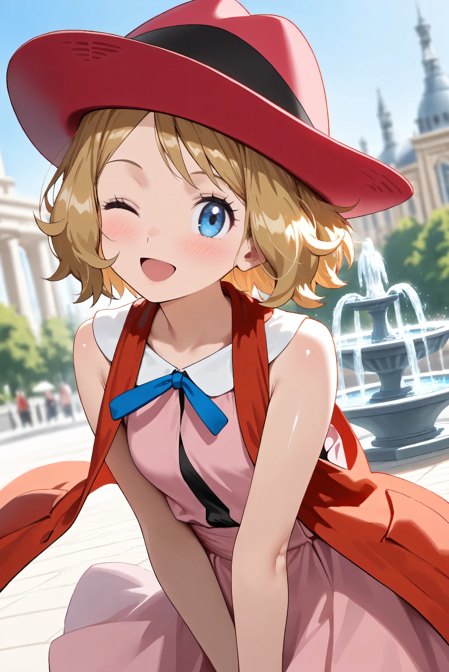 (Masterpiece), (Highest quality), (Very detailed),
(The best shape), (Best Shadow), (Absurd),
(Detailed background), (So beautiful), (Shiny),
(Extraordinary), (Countershading), (8k), (32K),
(High resolution), (Very Detailed CG), (UHD),
(Score_9), (Score_8_up), (Score_7_up), (Source_anime),
(Pastel painting:1.2), (Watercolor painting:1.2),
(Masterpiece, Detailed:1.2), (Foreshortening:1.2),
(Anime style),
(Cinematic), (Dramatic), (Depth of field:1.4),
(Blurry background:1.4), (Realistic background:1.4),
(Dynamic angle), (1 girl),
(Outdoor), (Wind), (Paris), (Square), (fountain),
(cowboy shot), (Focus on face), (Close up shot),
(Blush:1.3), (Happy), (Smile), (open mouth),
(one eye closed),
(Shiny skin),
serena \(pokemon\), 1girl, blue eyes, eyelashes, short hair, blonde hair,
hat, neck ribbon, blue ribbon, pink shirt, sleeveless, bare arms, red jacket, pink skirt,