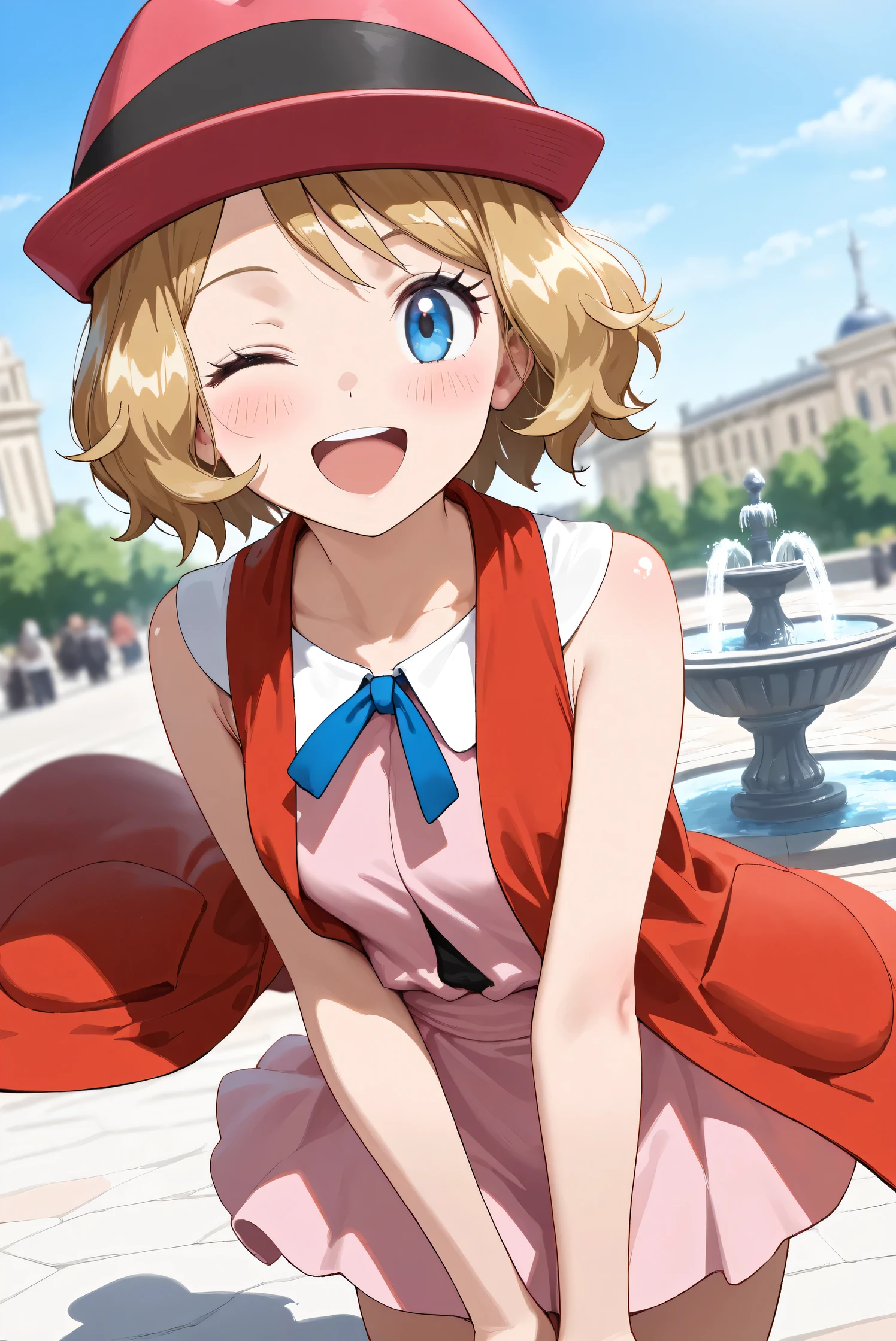 (Masterpiece), (Highest quality), (Very detailed),
(The best shape), (Best Shadow), (Absurd),
(Detailed background), (So beautiful), (Shiny),
(Extraordinary), (Countershading), (8k), (32K),
(High resolution), (Very Detailed CG), (UHD),
(Score_9), (Score_8_up), (Score_7_up), (Source_anime),
(Pastel painting:1.2), (Watercolor painting:1.2),
(Masterpiece, Detailed:1.2), (Foreshortening:1.2),
(Anime style),
(Cinematic), (Dramatic), (Depth of field:1.4),
(Blurry background:1.4), (Realistic background:1.4),
(Dynamic angle), (1 girl),
(Outdoor), (Wind), (Paris), (Square), (fountain),
(cowboy shot), (Focus on face), (Close up shot),
(Blush:1.3), (Happy), (Smile), (open mouth),
(one eye closed),
(Shiny skin),
serena \(pokemon\), 1girl, blue eyes, eyelashes, short hair, blonde hair,
hat, neck ribbon, blue ribbon, pink shirt, sleeveless, bare arms, red jacket, pink skirt,