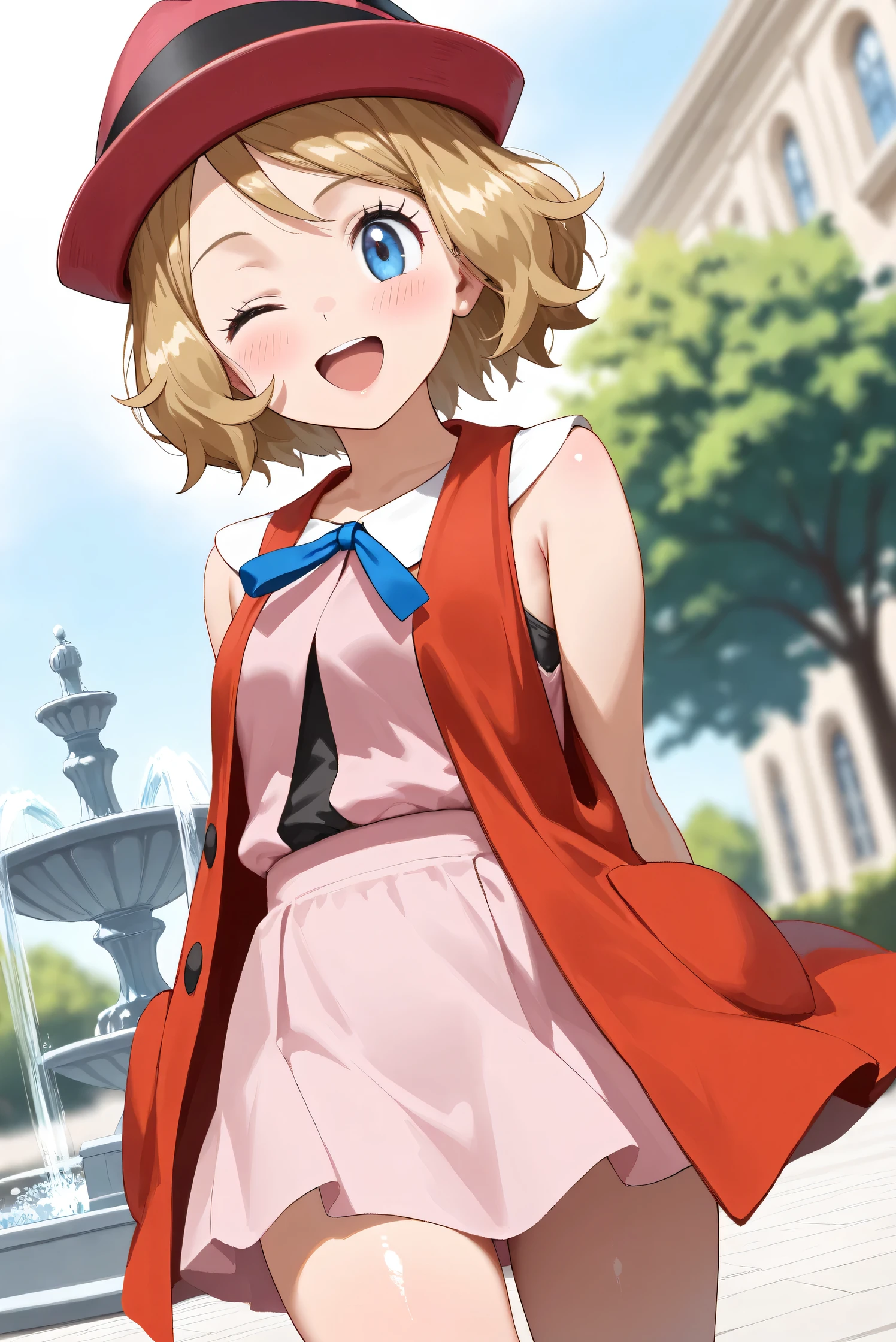 (Masterpiece), (Highest quality), (Very detailed),
(The best shape), (Best Shadow), (Absurd),
(Detailed background), (So beautiful), (Shiny),
(Extraordinary), (Countershading), (8k), (32K),
(High resolution), (Very Detailed CG), (UHD),
(Score_9), (Score_8_up), (Score_7_up), (Source_anime),
(Pastel painting:1.2), (Watercolor painting:1.2),
(Masterpiece, Detailed:1.2), (Foreshortening:1.2),
(Anime style),
(Cinematic), (Dramatic), (Depth of field:1.4),
(Blurry background:1.4), (Realistic background:1.4),
(Dynamic angle), (1 girl),
(Outdoor), (Wind), (Paris), (Square), (fountain),
(cowboy shot), (Focus on face), (Close up shot),
(Blush:1.3), (Happy), (Smile), (open mouth),
(one eye closed),
(Shiny skin),
serena \(pokemon\), 1girl, blue eyes, eyelashes, short hair, blonde hair,
hat, neck ribbon, blue ribbon, pink shirt, sleeveless, bare arms, red jacket, pink skirt,