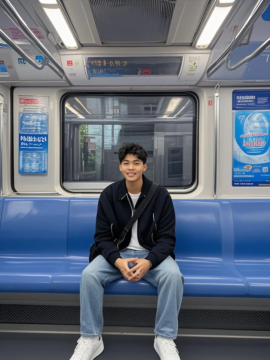Skinny brown skin young asian man sitting in bus naked full body