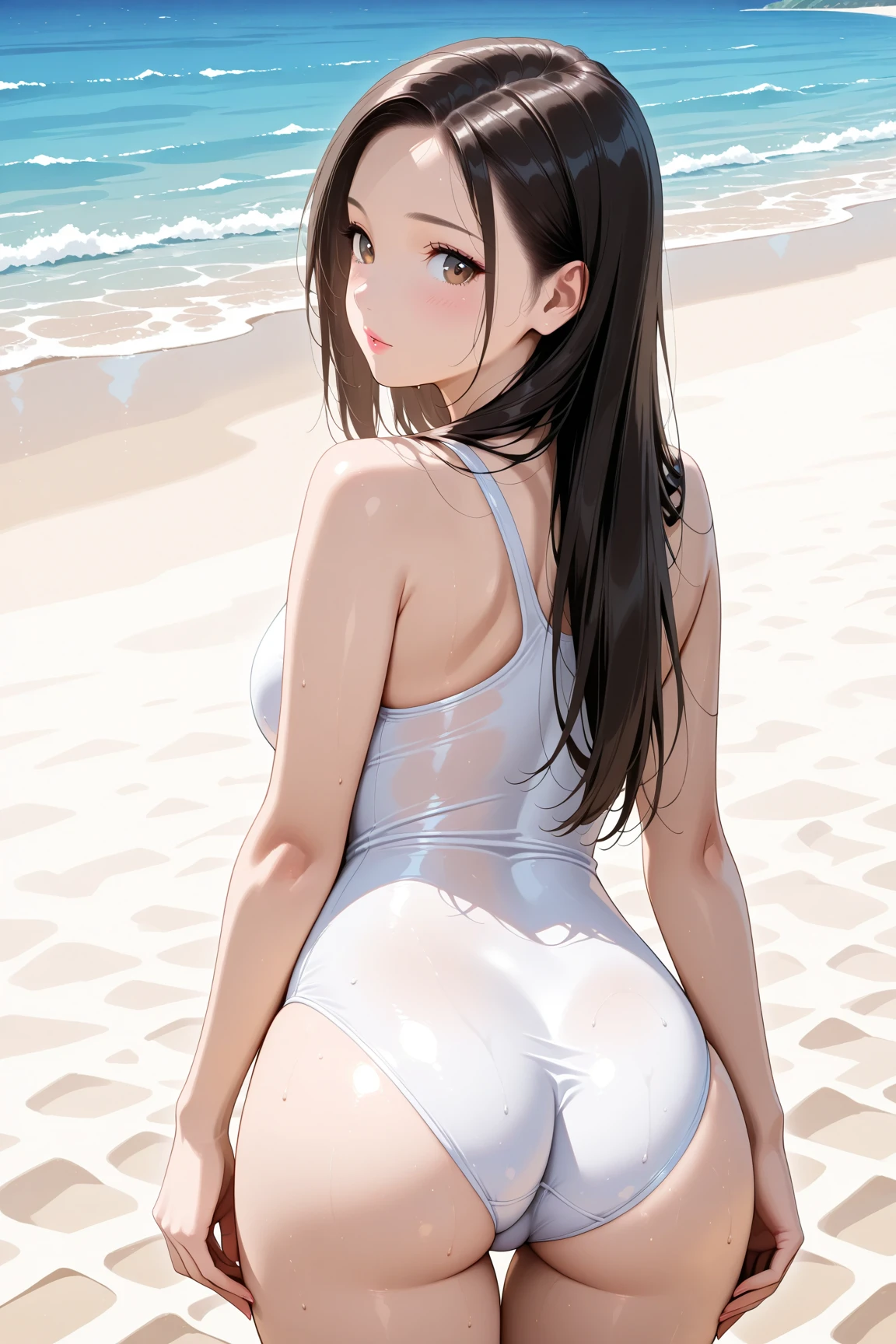 ((best quality)), ((masterpiece)), (detailed), 1 girl, full body, 19 years old, embarrassed face, young adult, somewhat short stature, purple eyes, brown hair, somewhat wavy hair, long hair, bang, blushing, very small breasts, sex, bending over, seductive legs, big butt, sexy butt, head down butt up, beach background, looking back, anime