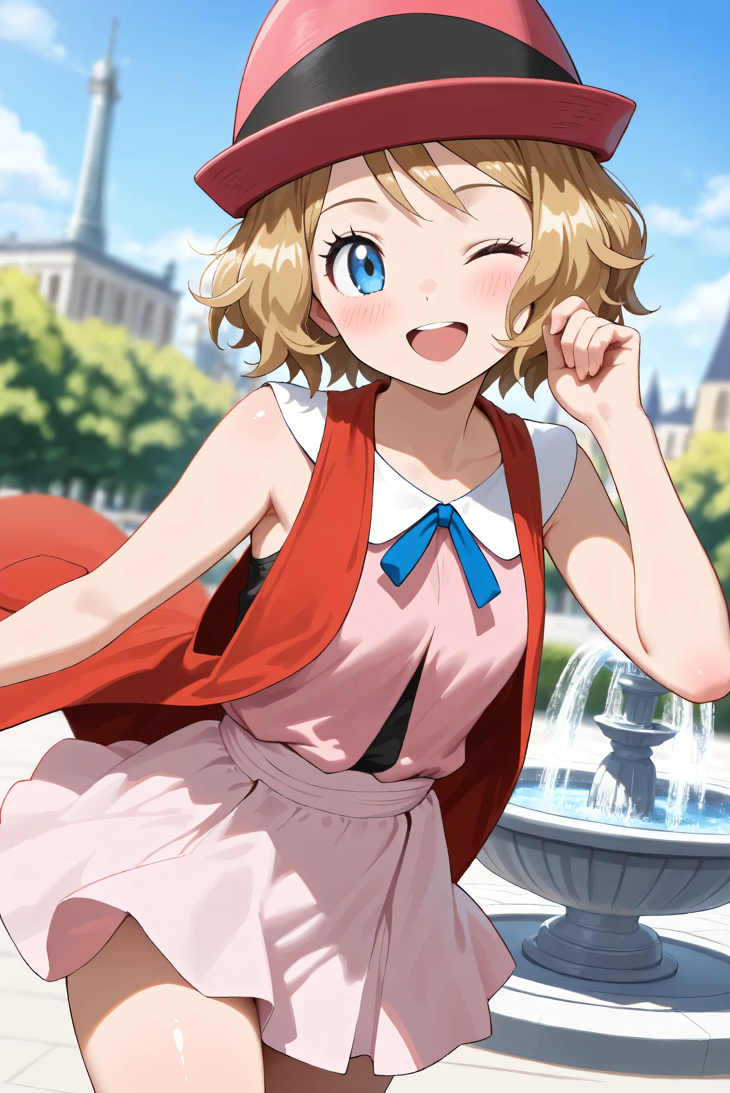 (Masterpiece), (Highest quality), (Very detailed),
(The best shape), (Best Shadow), (Absurd),
(Detailed background), (So beautiful), (Shiny),
(Extraordinary), (Countershading), (8k), (32K),
(High resolution), (Very Detailed CG), (UHD),
(Score_9), (Score_8_up), (Score_7_up), (Source_anime),
(Pastel painting:1.2), (Watercolor painting:1.2),
(Masterpiece, Detailed:1.2), (Foreshortening:1.2),
(Anime style),
(Cinematic), (Dramatic), (Depth of field:1.4),
(Blurry background:1.4), (Realistic background:1.4),
(Dynamic angle), (1 girl),
(Outdoor), (Wind), (Paris), (Square), (fountain),
(cowboy shot), (Focus on face), (Close up shot),
(Blush:1.3), (Happy), (Smile), (open mouth),
(one eye closed),
(Shiny skin),
serena \(pokemon\), 1girl, blue eyes, eyelashes, short hair, blonde hair,
hat, neck ribbon, blue ribbon, pink shirt, sleeveless, bare arms, red jacket, pink skirt,