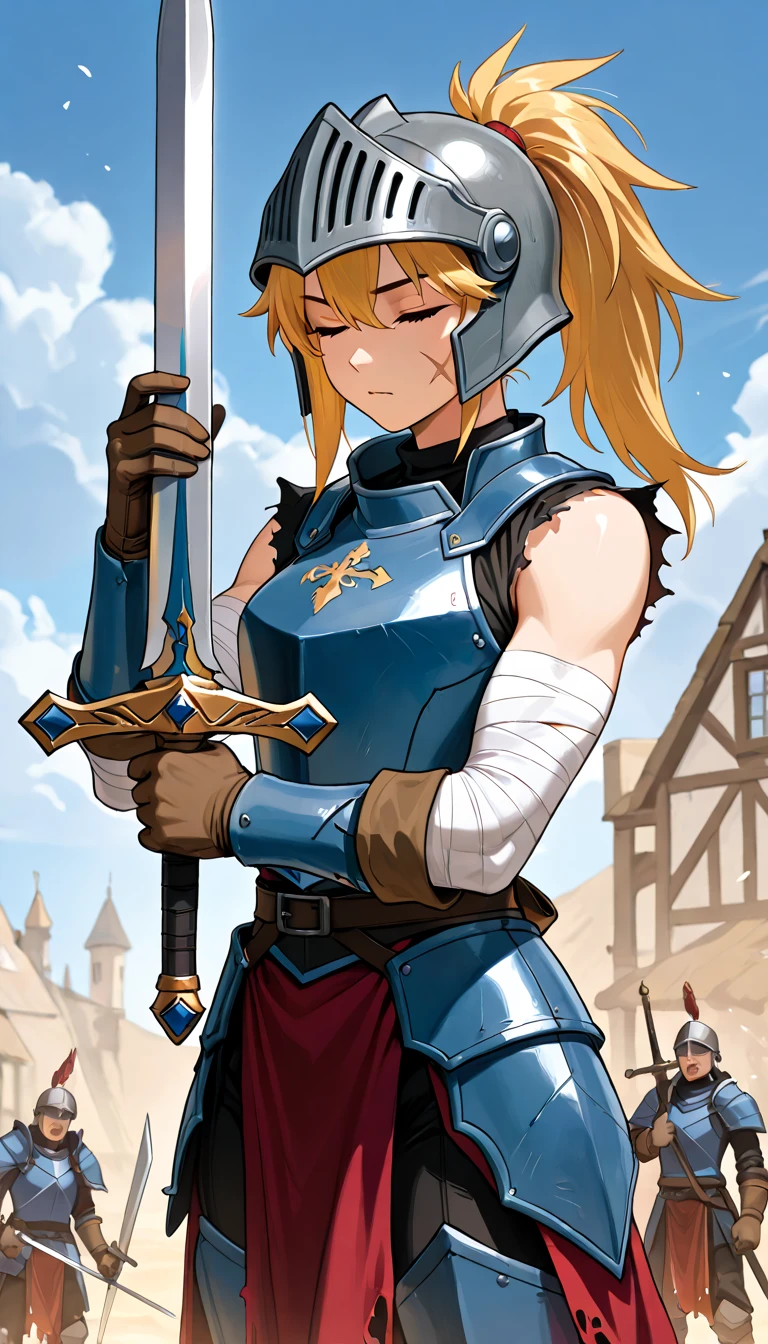 Joan of Arc with destroyed armor and almost on the verge of death 