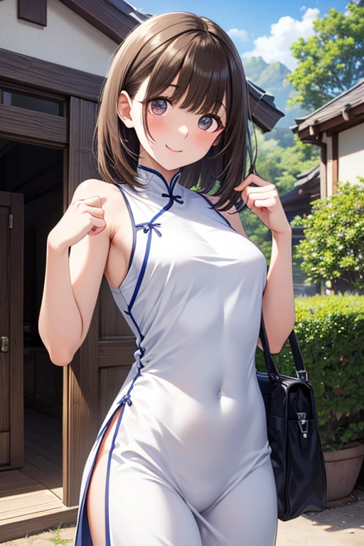 独奏、NSFW、(Arms raised to show armpits、Armpit Hair)(tall、Toned body、slim body、Brown Skin、Sunburn、Big Breasts)、(Slanted Eyes、Sharp Eyes、Dark Eyeasterpiece))、((Highest quality))、((detailed)、((Adult female))、(((Light brown skin)))、((Long black hair ponytail))、photograph、美しくdetailedな顔、detailedな目、Bright smile、Outdoor、(Sleeveless white dress、Sexy one piece、Semi-transparent lace dress)