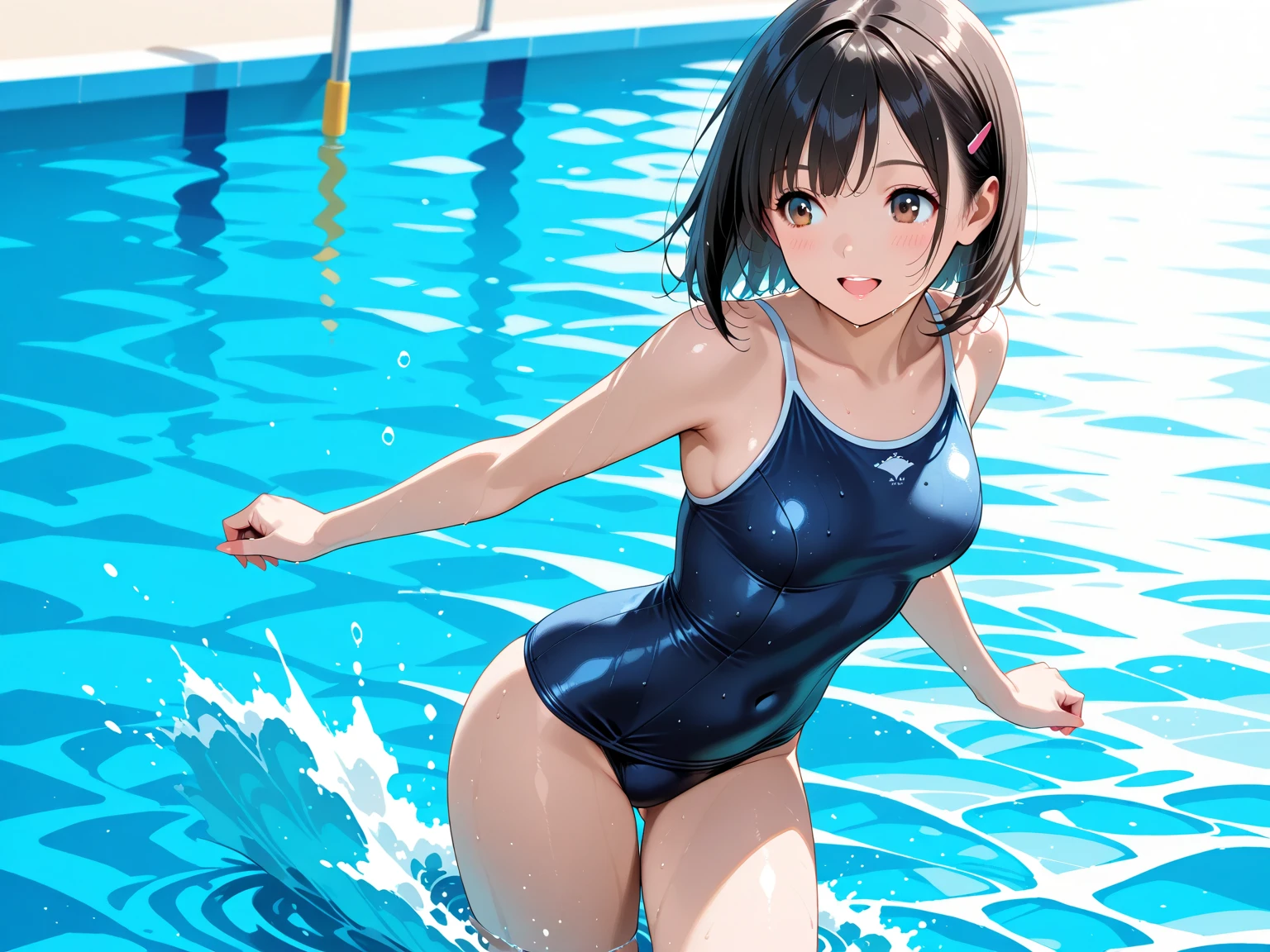 (masutepiece:1.2), (Best Quality:1.1), (beautiful artwork)， r girl，(School swim wear), 1girl, (School Swimsuit:1.3), onepiece swimsuit, Outdoors, Long hair, Wet, Covered navel, Water, Black hair, (Big smile)， Brown eyes, day, Small bust, Bangs, (Wet:1.1)，(Water splash:1.1)，Facing，(straggling hair)，Ponytail，The swimsuit is wet，(Lens Flare)，(Tsurime)，(Sweat)，(Bokeh:1.2)，(brown eyes)，cowboy shot，(evil smile)，(NAVY BLUE school-swimsuit:1.3)，sandy beach，arched body，(big smile)，
