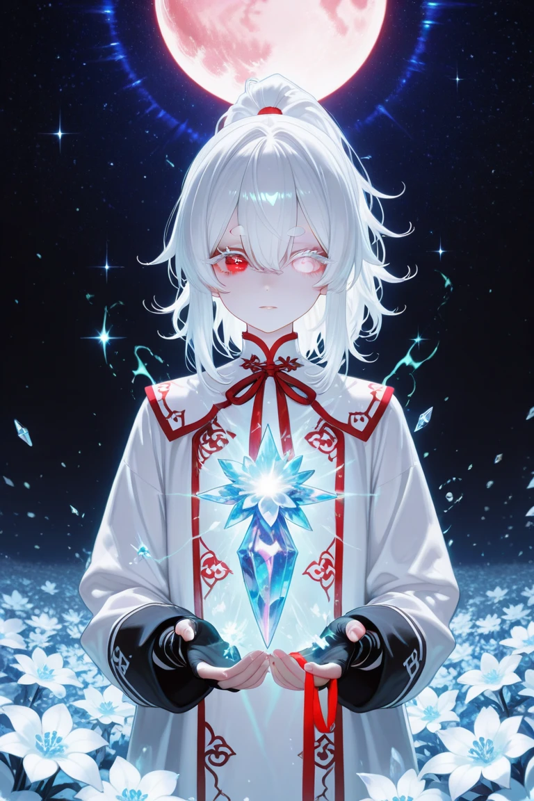 A boy with white hair, red eyes, in a crystalline underwater environment surrounded by large majestic and imposing mountains, with a strong presence of light coming from the top of the surface.