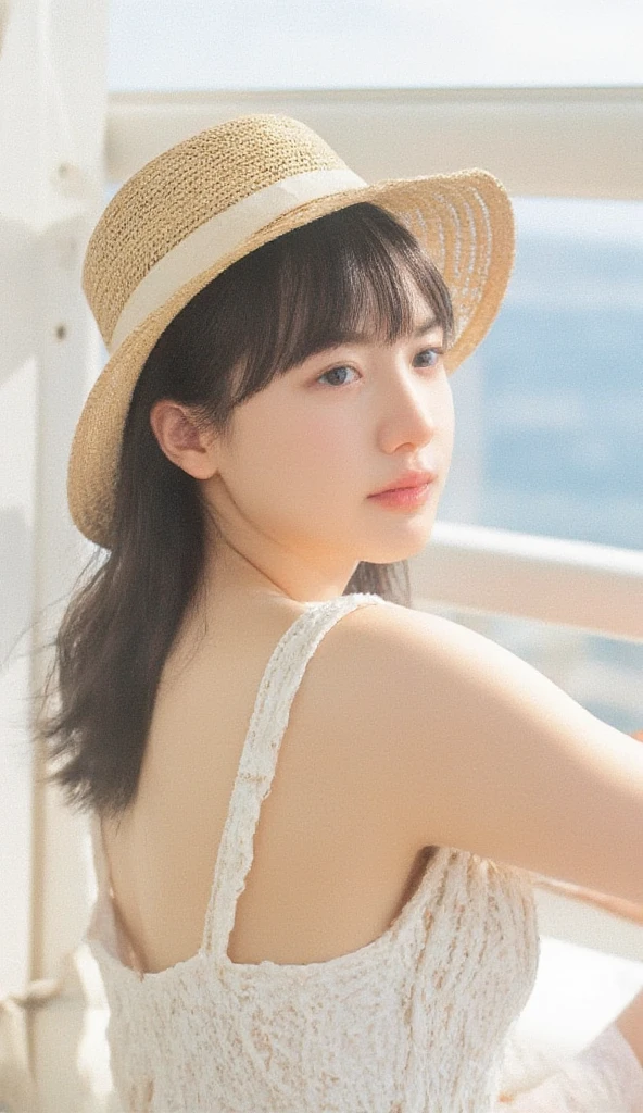 Highest quality,masterpiece,(Realistic:1.4),RAW Photos,(Real skin texture_1.3),One person,alone,bangs,short hair,Wearing a dress、She is holding her clothes with both hands, revealing a glimpse of her pants.、The background is the sea、Wearing a straw hat、The whole body is visible