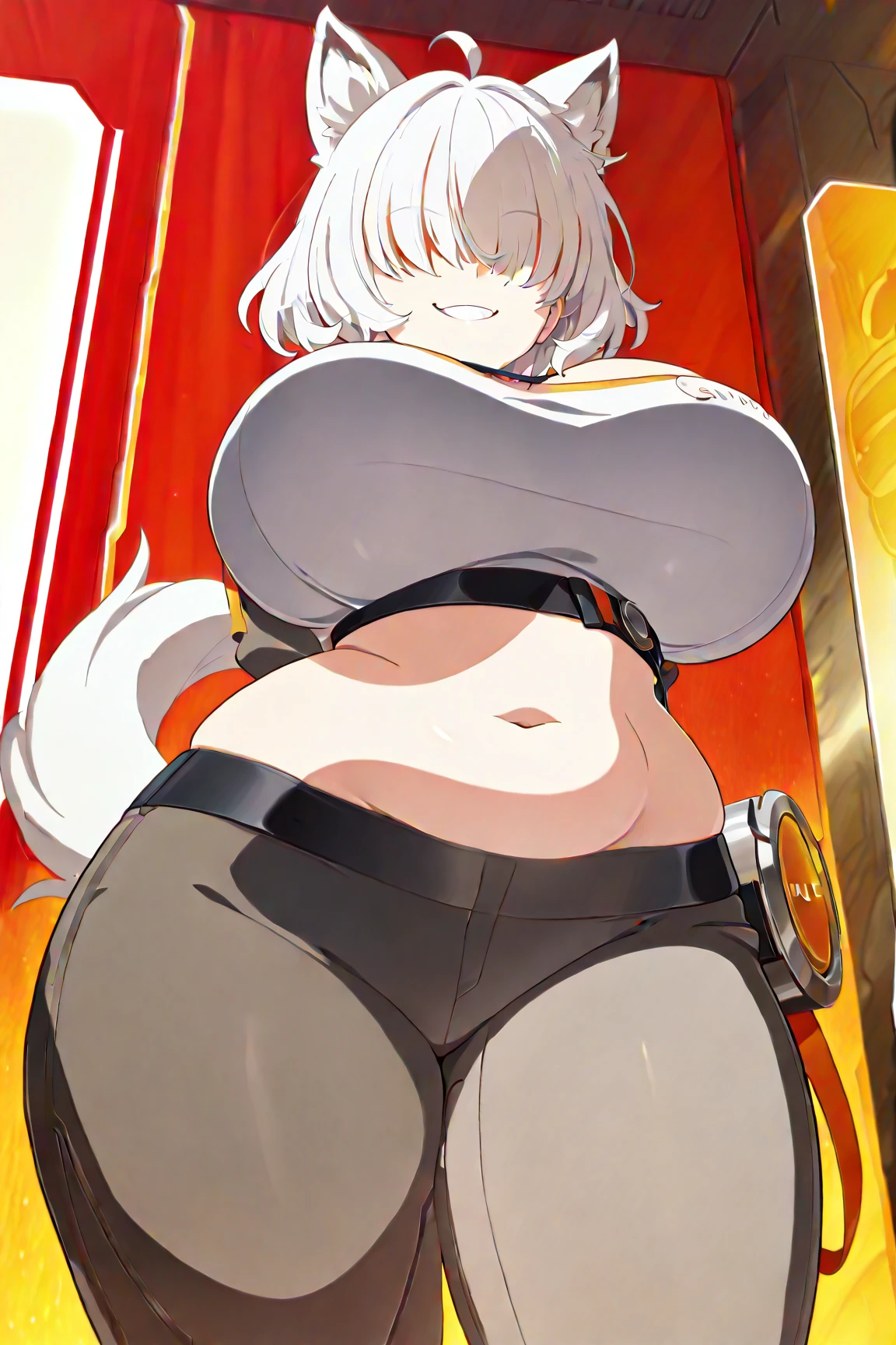 bangs big breasts huge nipples bubble butt curvy white hair red eyes dynamic pose explanation full body high heels hourglass figure huge breasts maebari nipples reverse short hair standing thick thighs wide hips