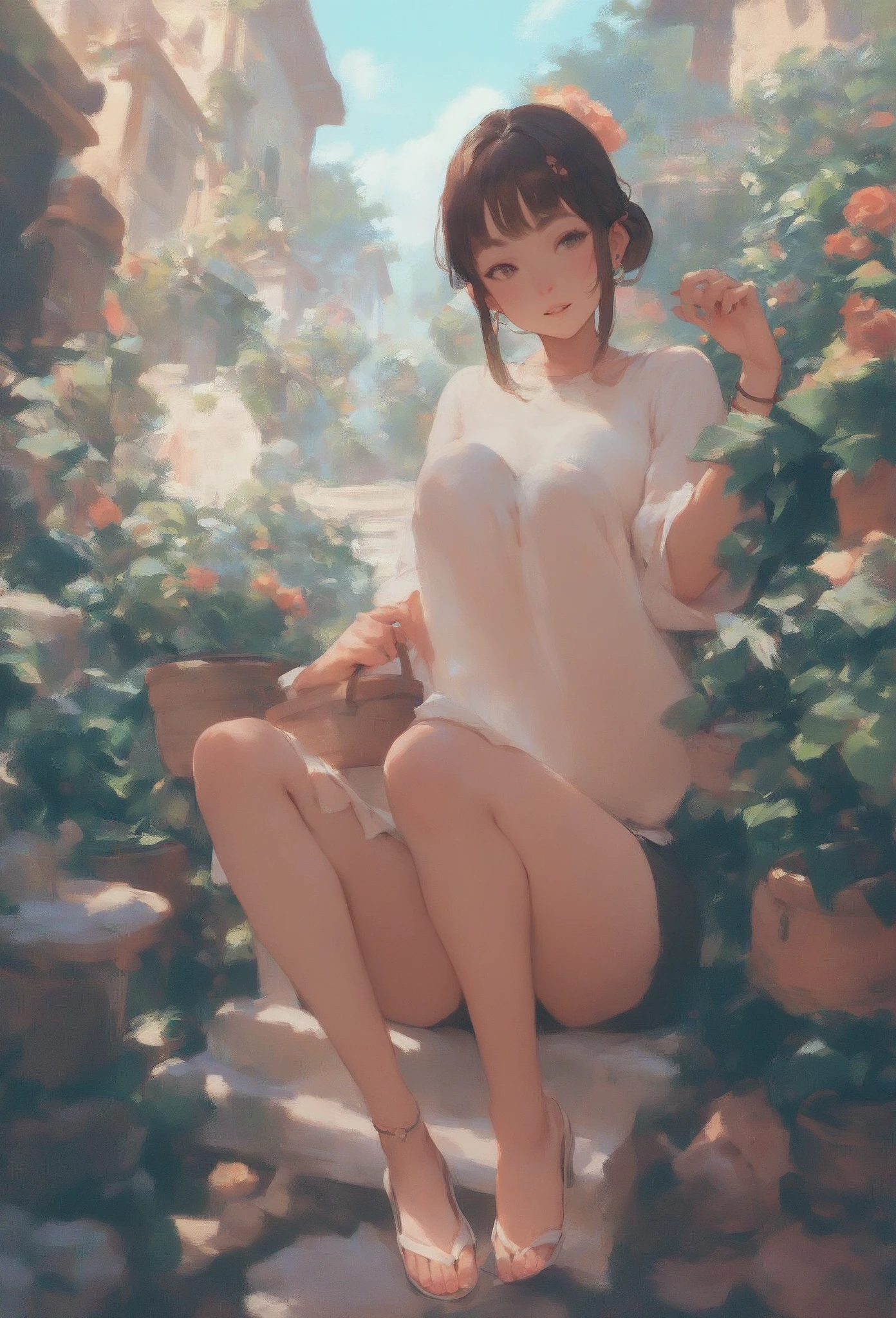 Exquisite, slender, delicate girl of 16 years old with a perfect gentle face of the southern type (with short dark burgundy hair) with freckles (with ruby earring) in the rays of the rising sun, naked with tender bare breasts with pink swollen nipples ((barefoot)) ((in an unbuttoned open burgundy shirt over a naked body and in small burgundy panties)) (on the veranda in the garden) Drinks (coffee) and looks at the flowers, in watercolor style, discreet light shades, Flares, (imitation of film photography), against the sun, a lot of sun glare, light fills the frame, olive and grape groves, strong wind, Brick Road, high image quality, Maximum detail, sunset lighting, Warm evening shades, (warm golden and olive sunset light), big space eyes, olive and grape groves, Brick Road