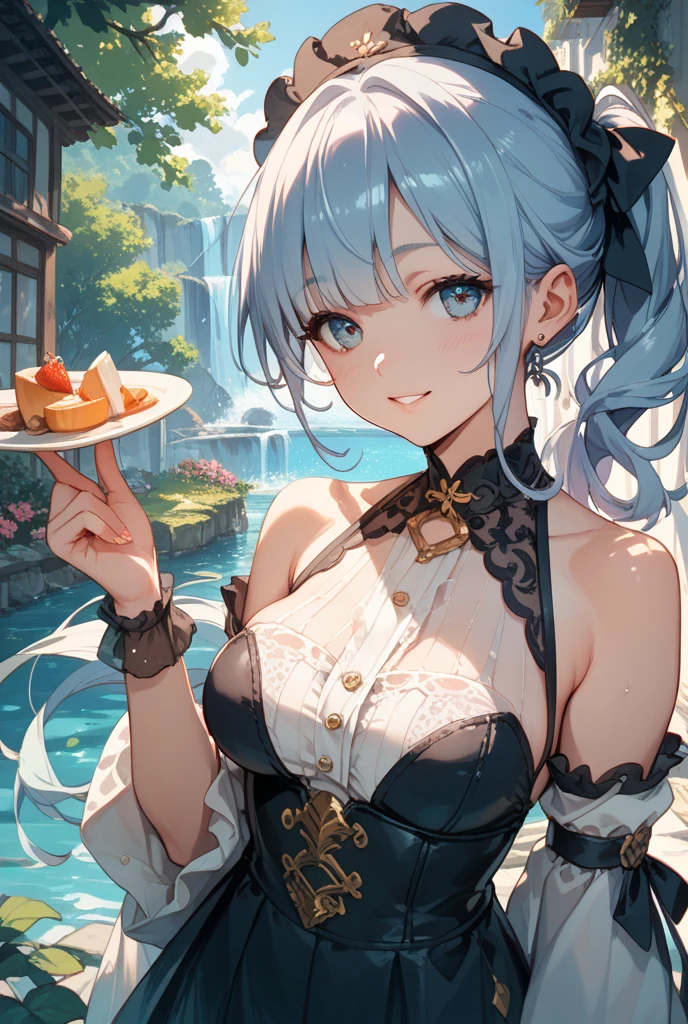 masterpiece, high resolution, high quality, yellow cheongsam, eateries, big breasts, cat ears, floral pattern, yellow eyes, white hair, twin tails