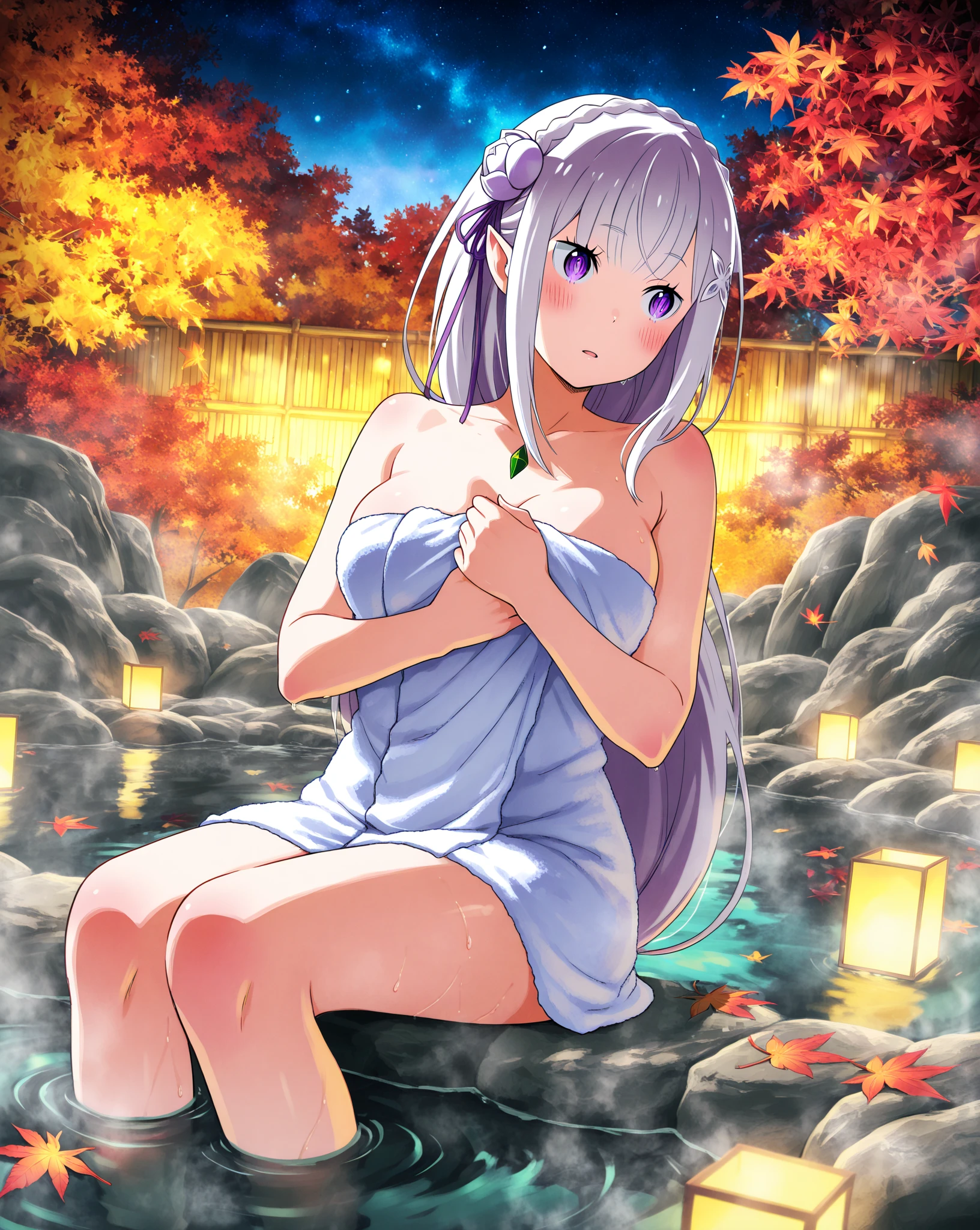 naked towel, 1girl, breasts, towel, large breasts, looking at viewer, solo, onsen, cleavage, wet, sitting, water, smile, collarbone, thighs, bathing, outdoors, rock, sky, nightsky, lantern, closed eyes, long hair, white hair